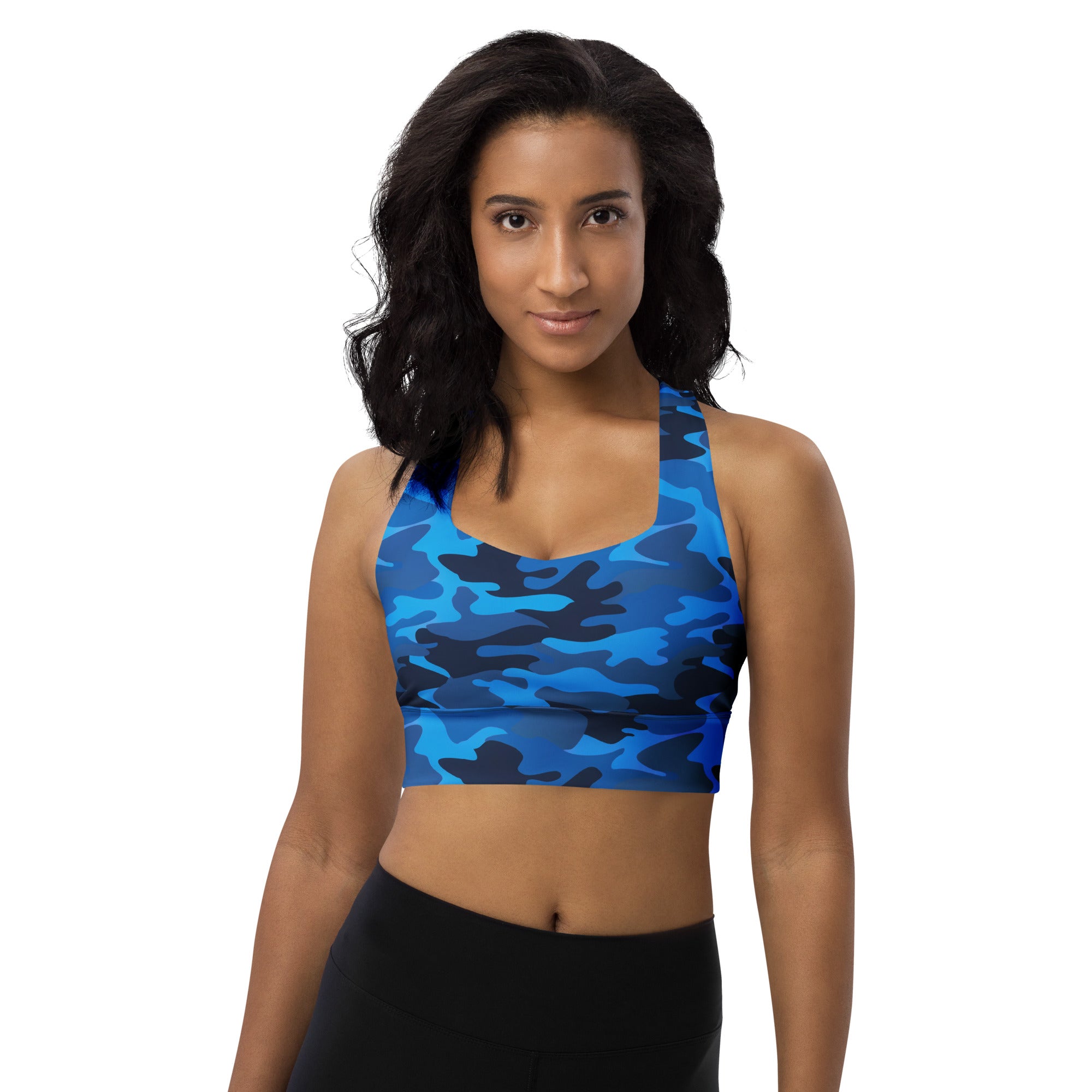 Women’s blue and black camouflage buttery soft recycled longline sports bra with high intensity support and removable padding