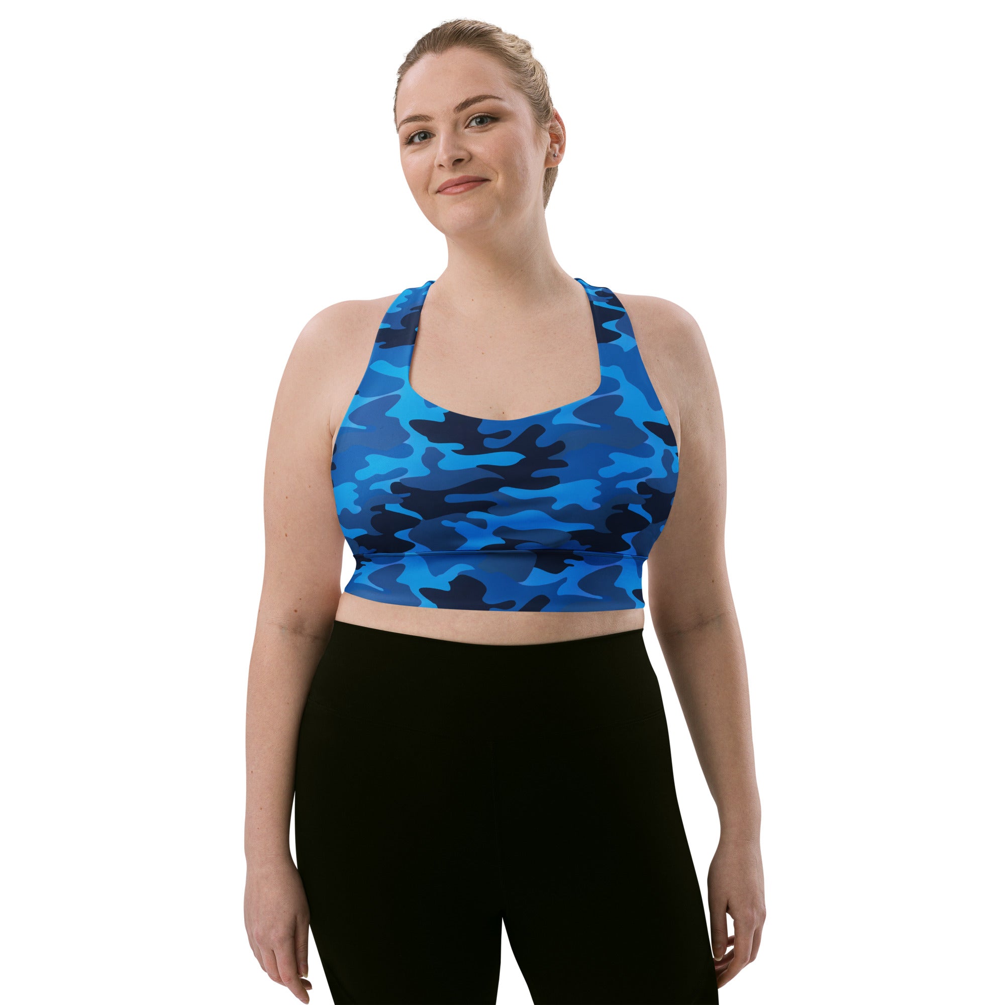 Women’s blue camouflage longline sports bra with buttery soft recycled fabric high intensity support and upf 50+