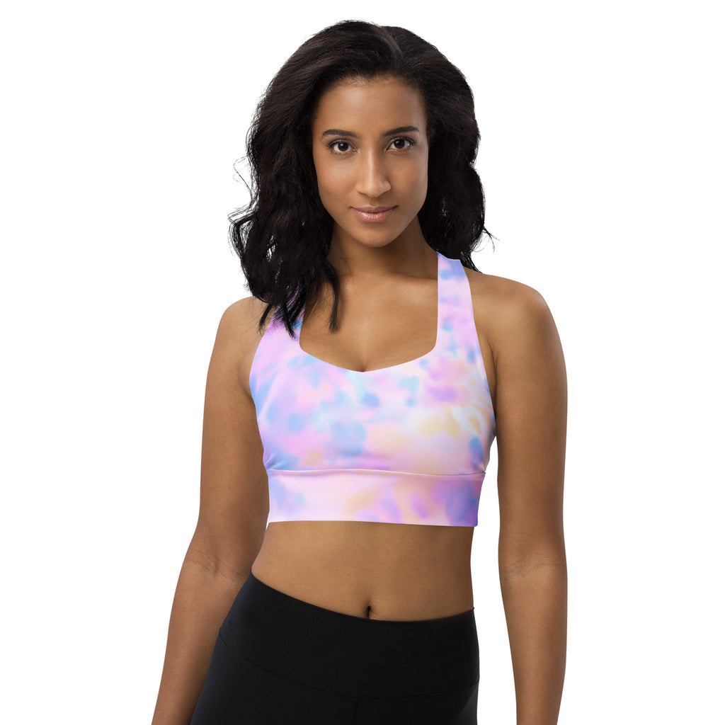 Pastel tie-dye sports bra with halter neck and supportive band made from buttery soft recycled fabric for high intensity support