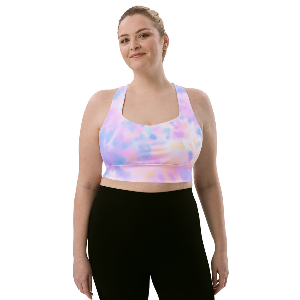 Pastel tie-dye sports bra with soft stretchy fabric and racerback straps for high intensity support and quick dry