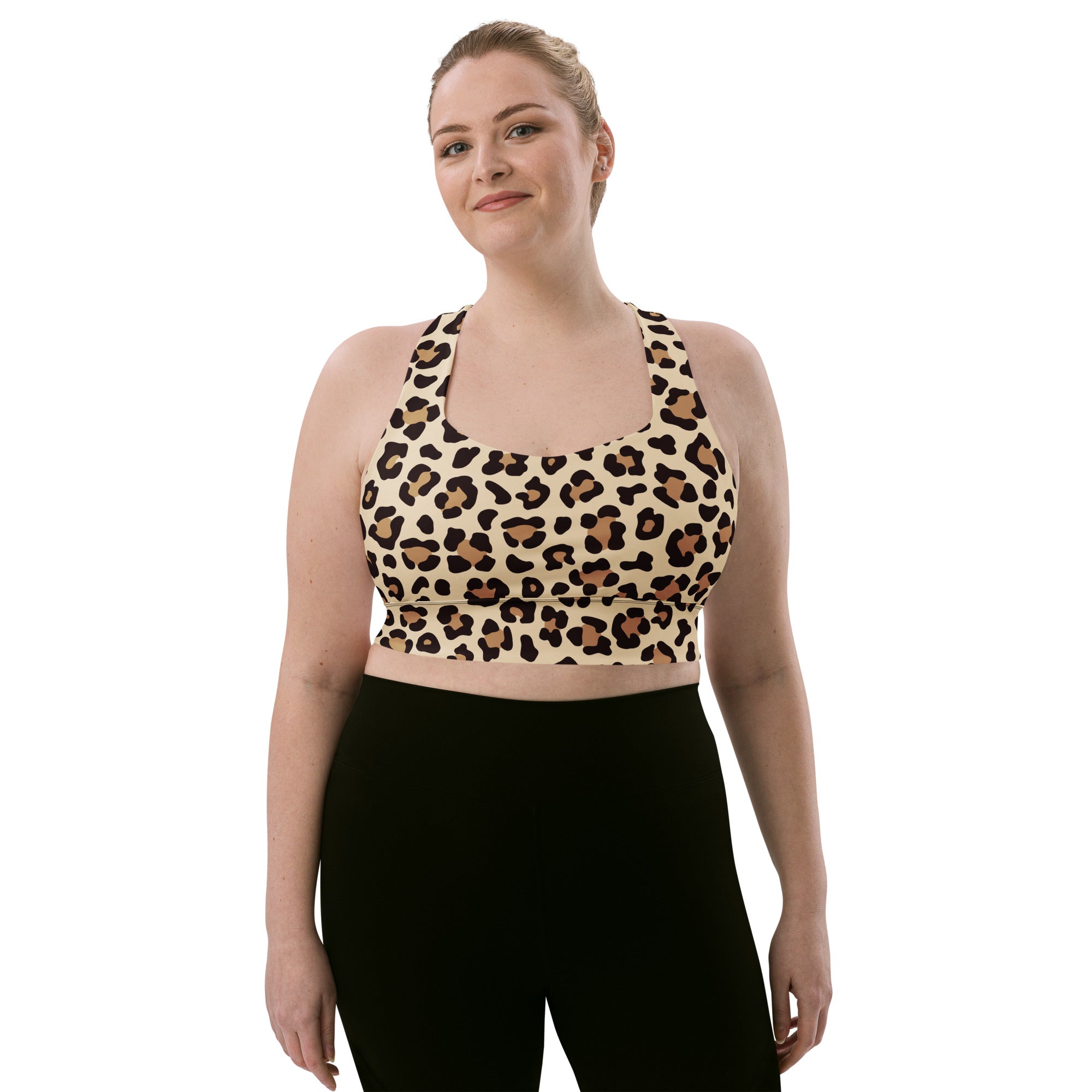 Women’s Leopard Print Buttery Soft Recycled Longline Sports Bra – High Intensity Support, Removable Padding, Quick Dry & UPF 50+