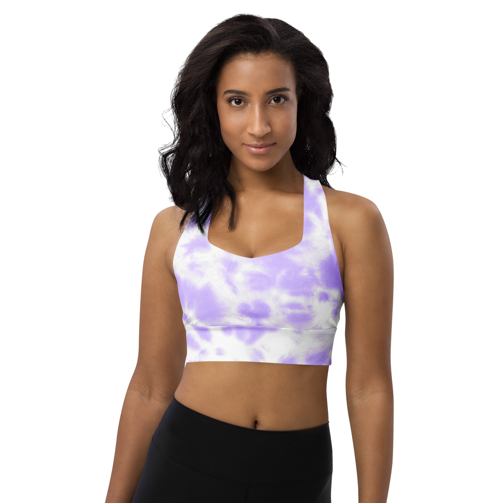 Women’s purple lavender and white tie dye buttery soft recycled longline sports bra with halter neckline and high intensity support