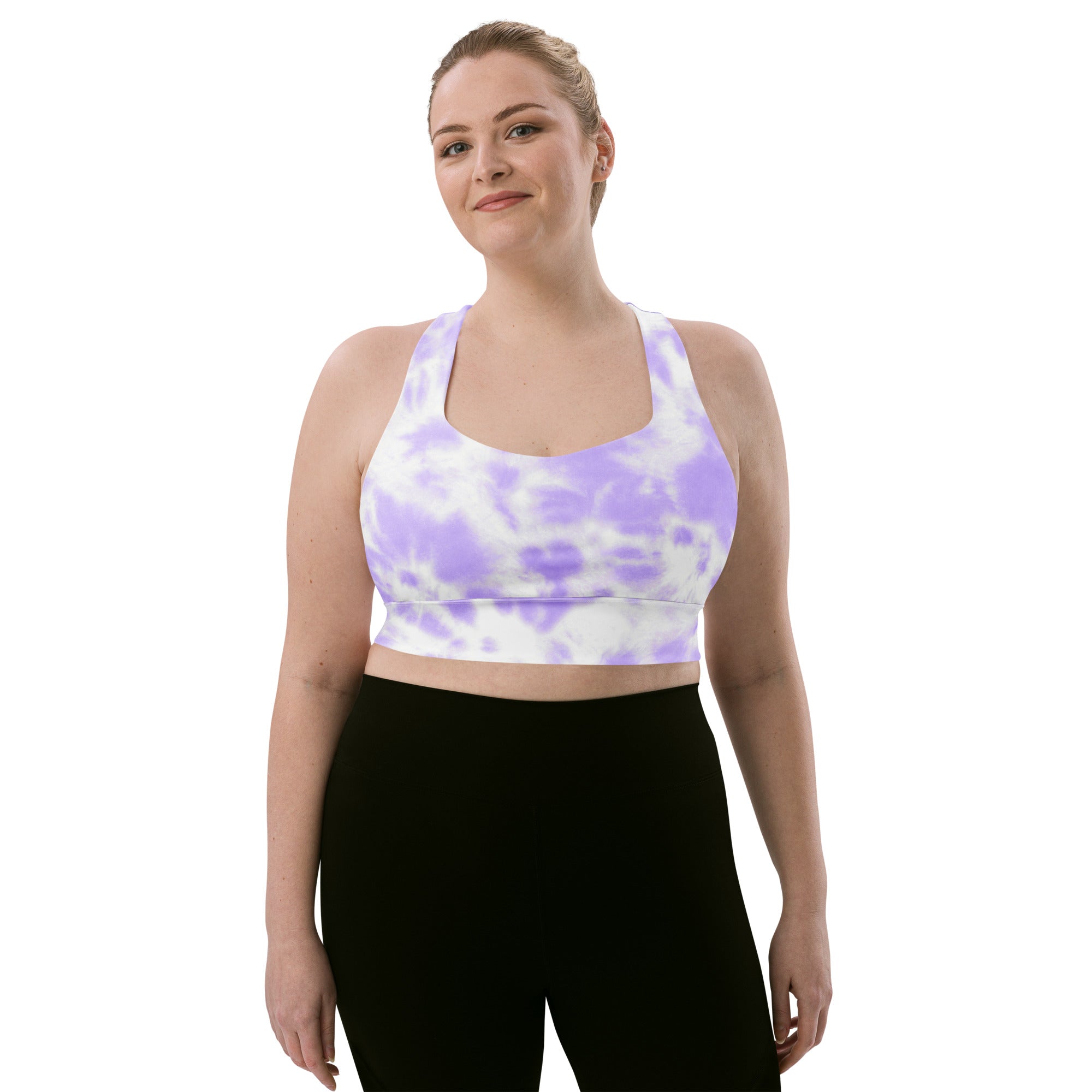 Women’s purple lavender and white tie dye recycled longline sports bra with racerback for high intensity support