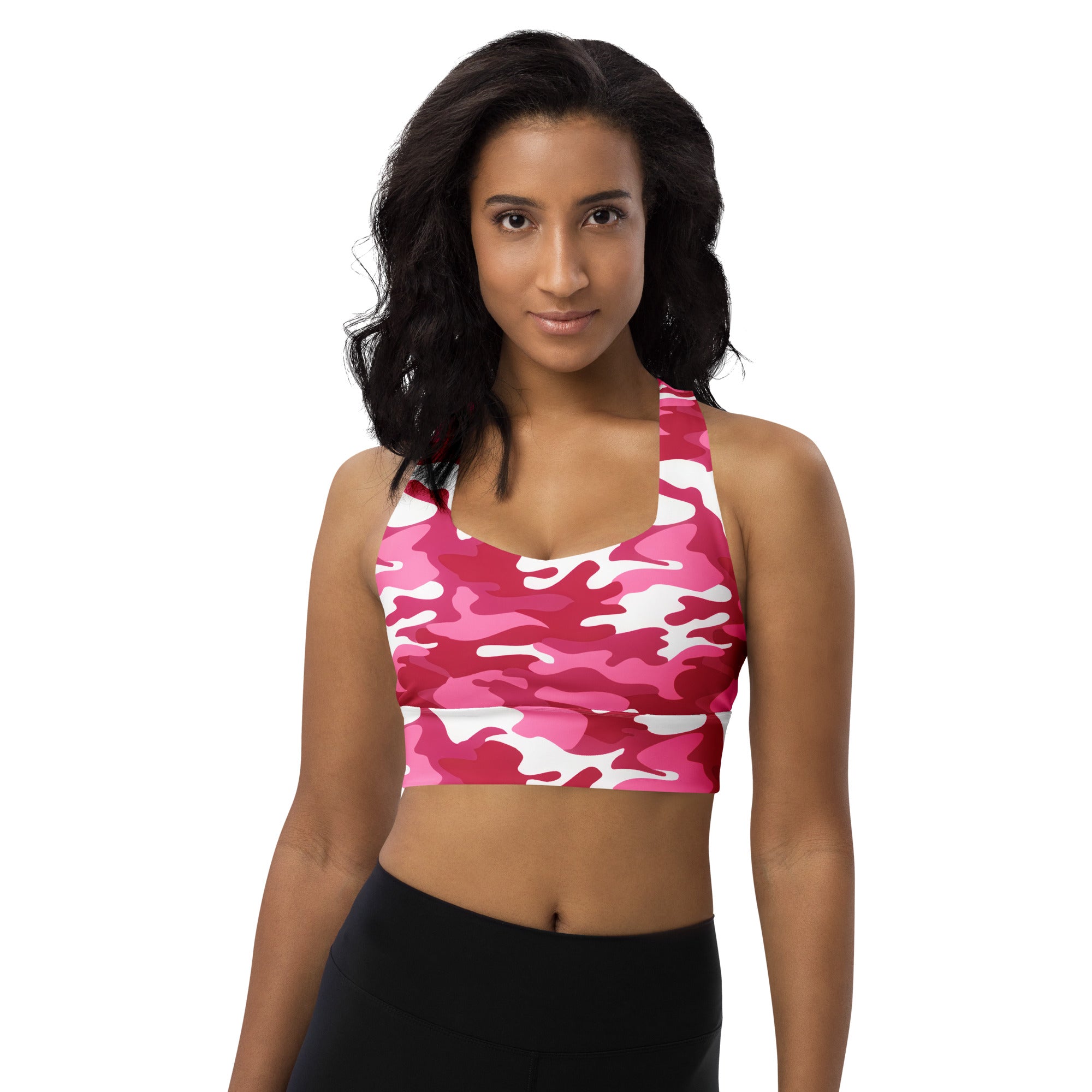 Women’s bright pink and white camouflage longline sports bra made from buttery soft recycled fabric with high intensity support