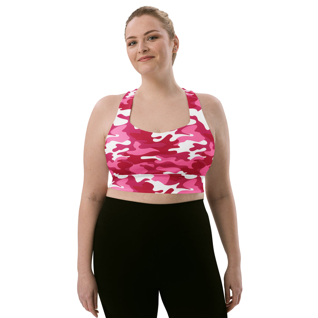 Women’s bright pink and white camouflage buttery soft recycled longline sports bra with high intensity support