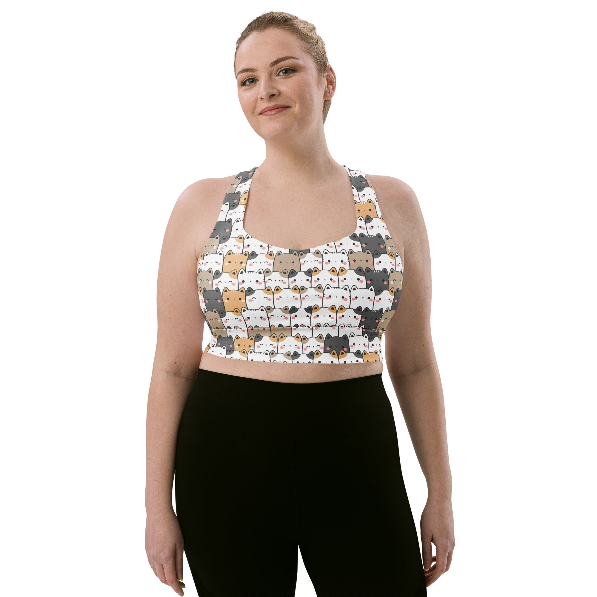 White longline sports bra with kawaii multicolor cartoon cats pattern buttery soft recycled fabric high support