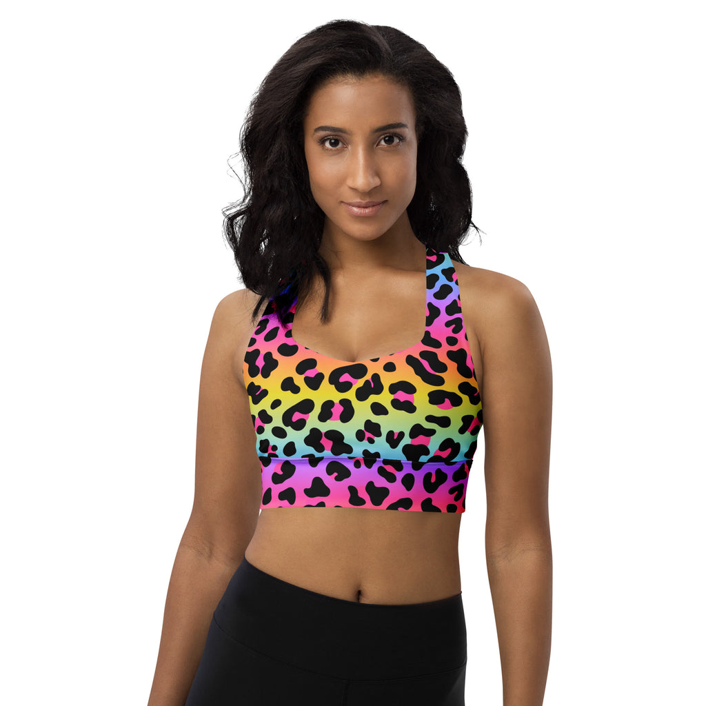Women’s rainbow leopard sports bra with black spots halter neckline buttery soft recycled fabric high intensity support