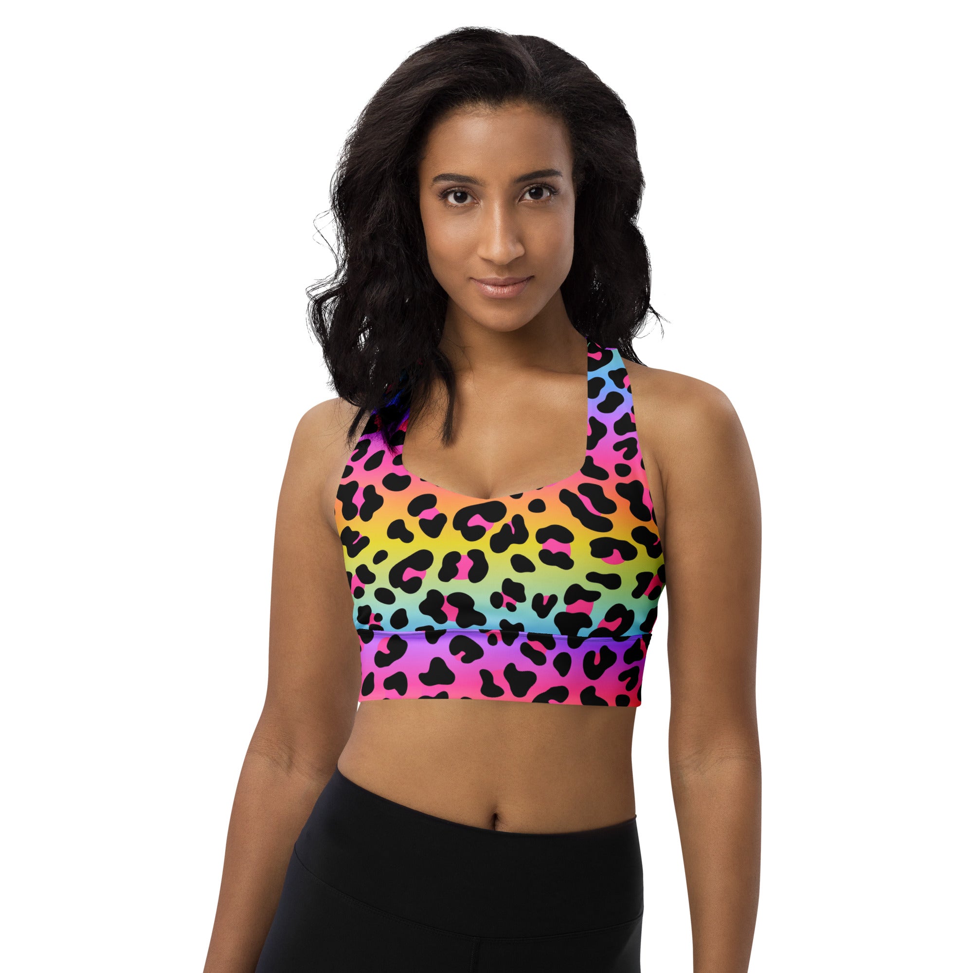 Women’s rainbow leopard sports bra with black spots halter neckline buttery soft recycled fabric high intensity support