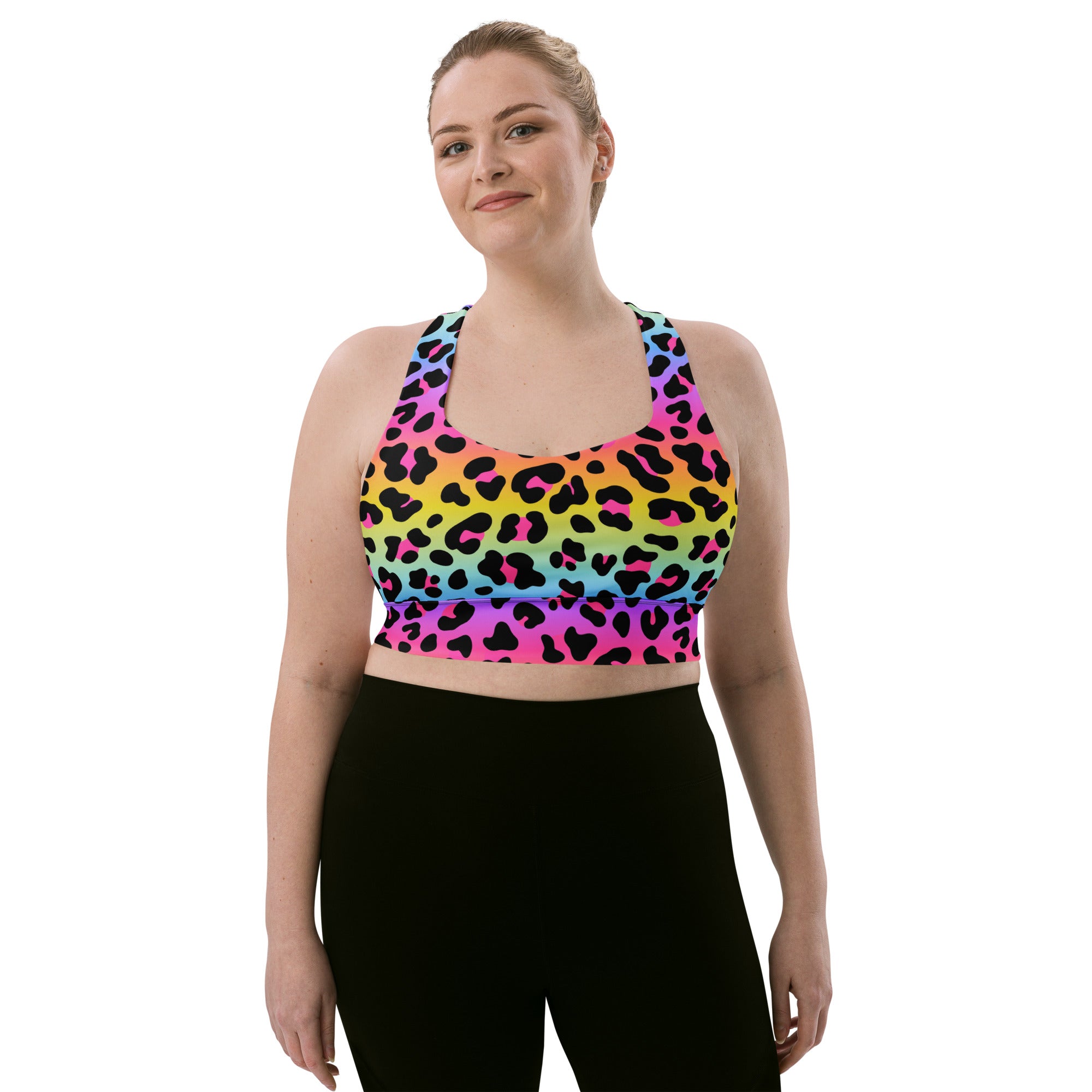 Women’s rainbow leopard print buttery soft recycled longline sports bra with black spots and racerback design