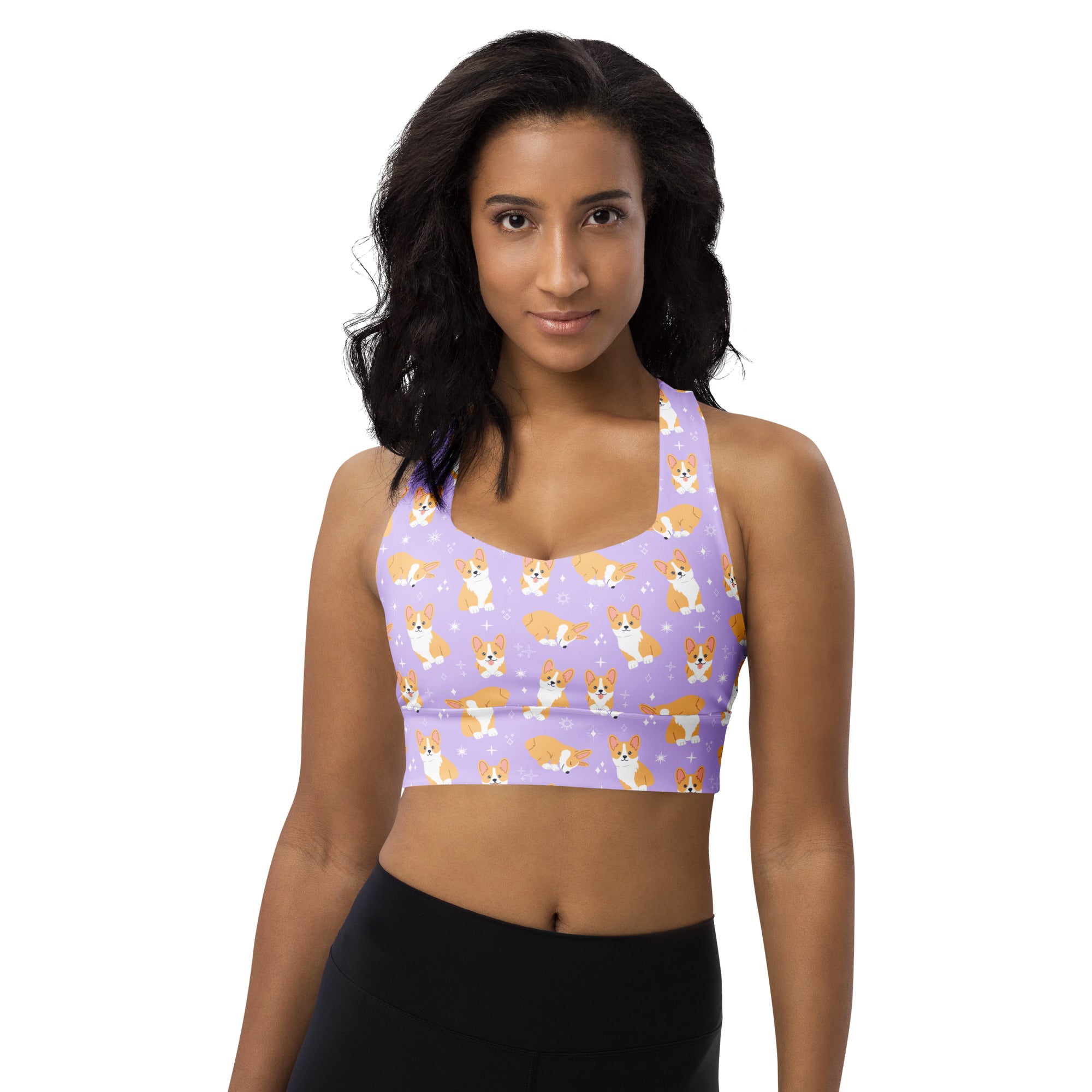 Women’s purple corgi dog buttery soft recycled longline sports bra with orange and white corgi pattern
