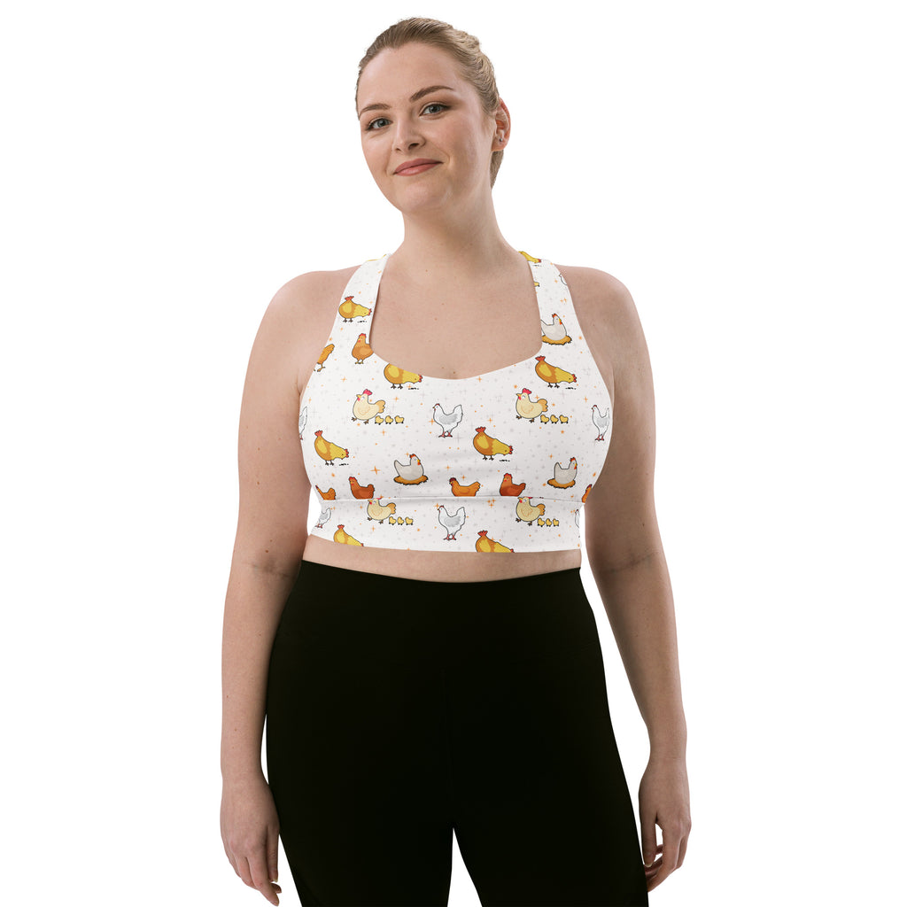 Women’s white chicken buttery soft recycled longline sports bra with colorful cartoon chickens high intensity support