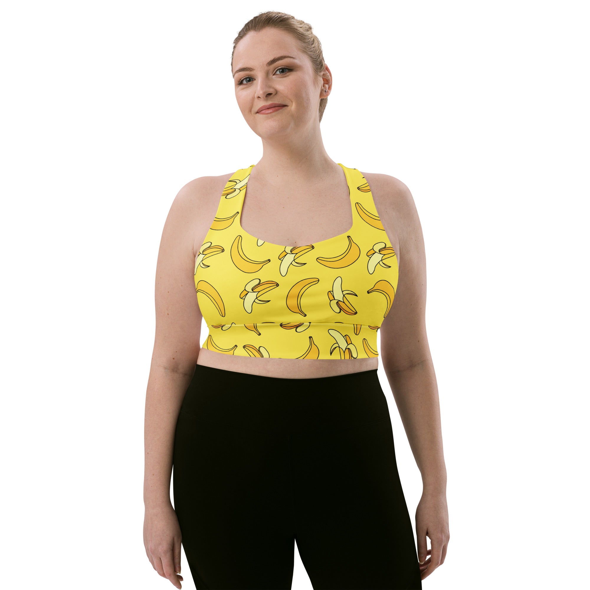 Women’s yellow banana print longline sports bra with high intensity support quick dry and upf 50 plus material