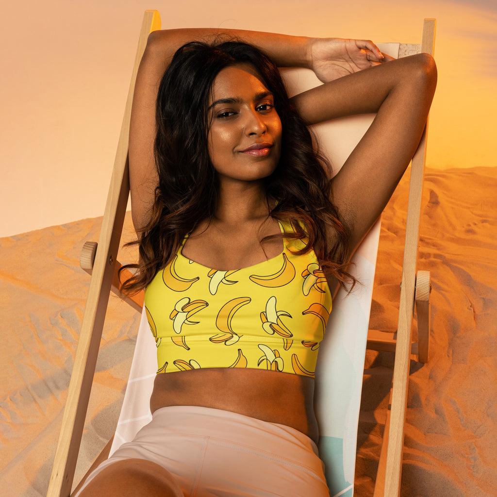 Women’s yellow banana print buttery soft recycled longline sports bra with high intensity support and quick dry fabric
