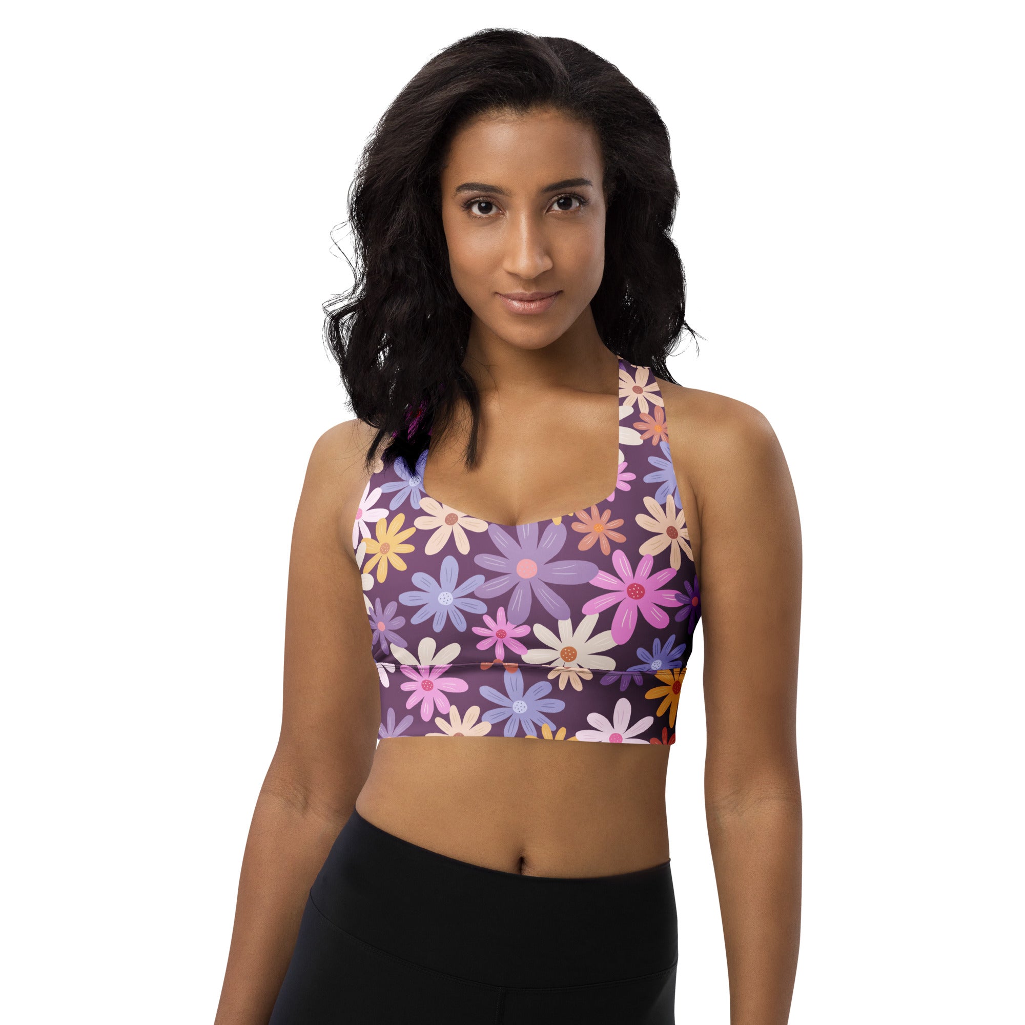 Women’s purple floral buttery soft recycled longline sports bra with vibrant multicolored daisy pattern and high support