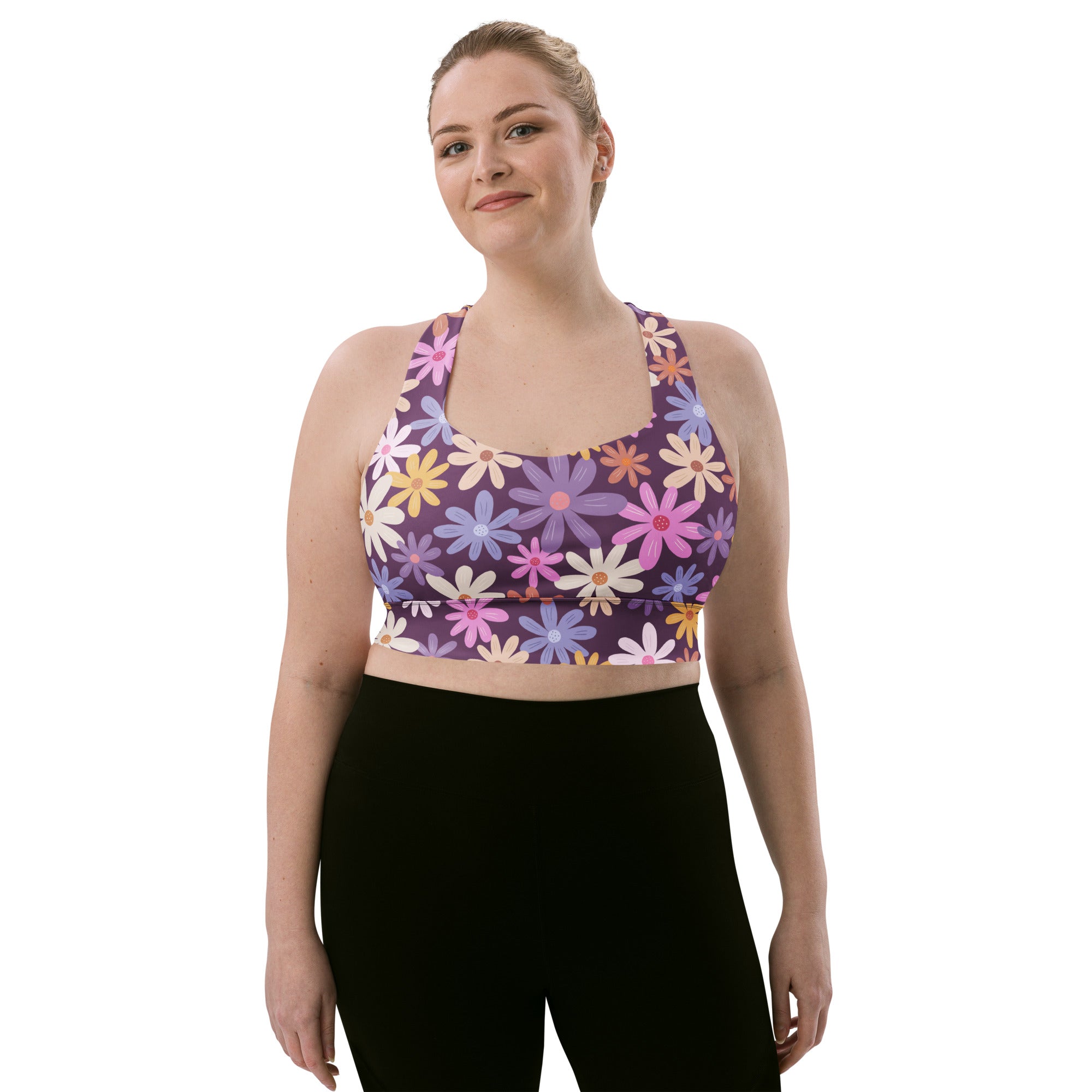 Women’s purple floral buttery soft recycled longline sports bra with daisies high intensity support and quick dry