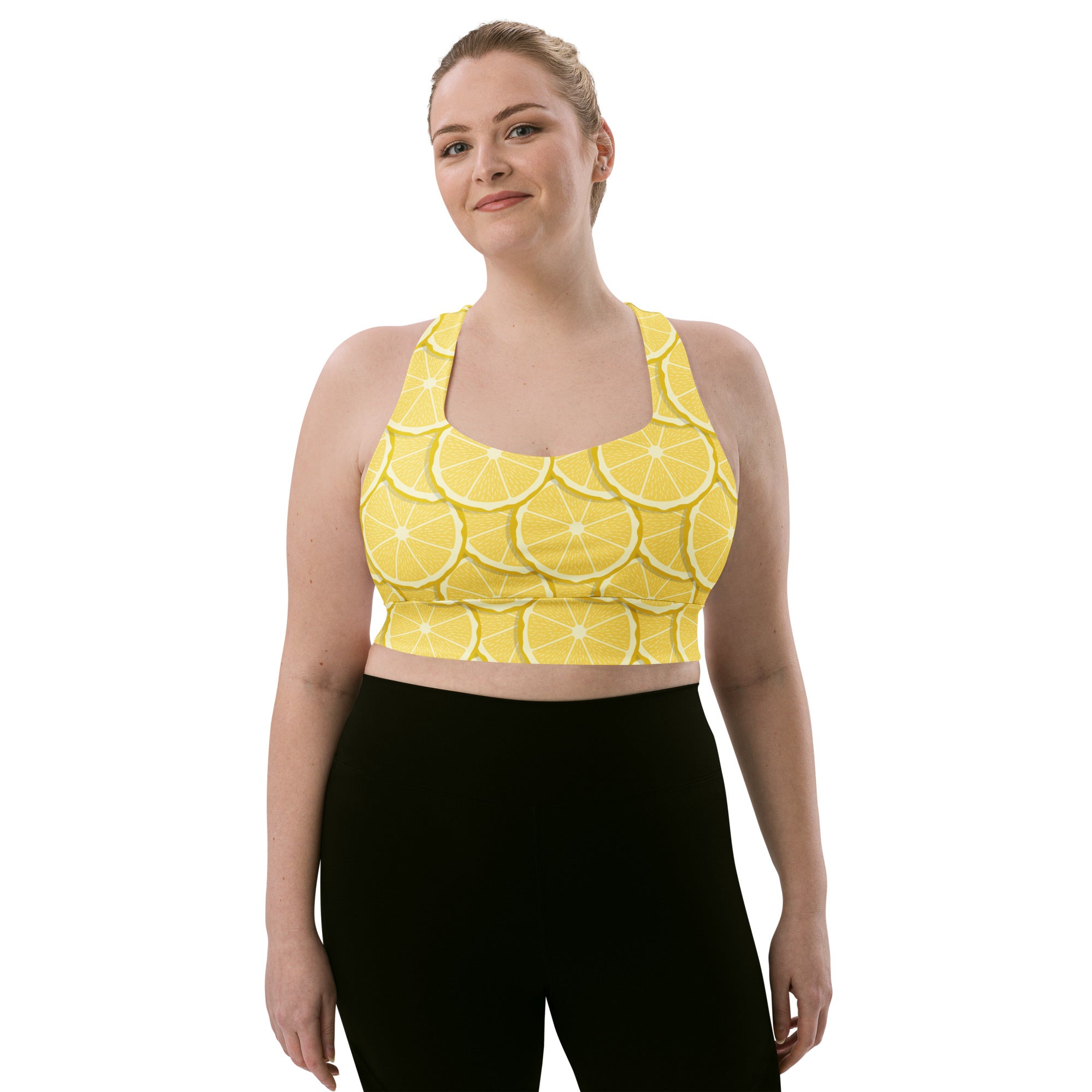 Women’s lemon print buttery soft recycled longline sports bra with high intensity support and quick dry fabric