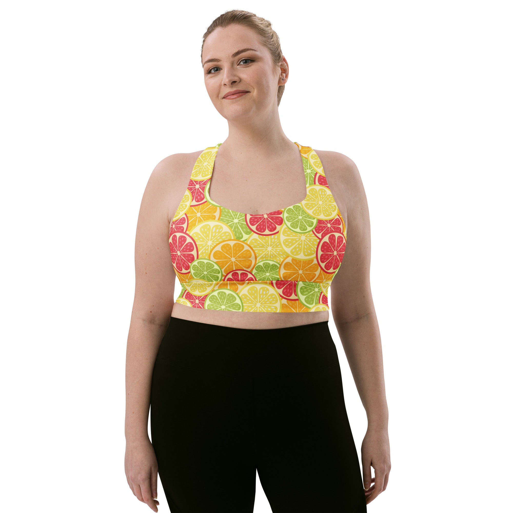 Women’s citrus slice buttery soft recycled longline sports bra with lemon lime grapefruit pattern and upf 50+ protection