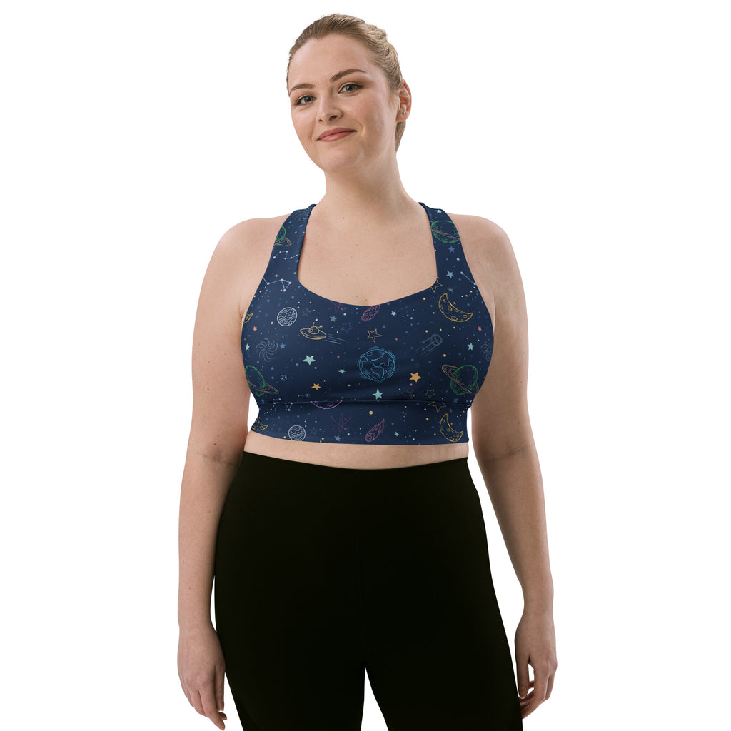 Women’s dark blue recycled space-themed sports bra with celestial patterns high intensity quick dry UPF 50 plus