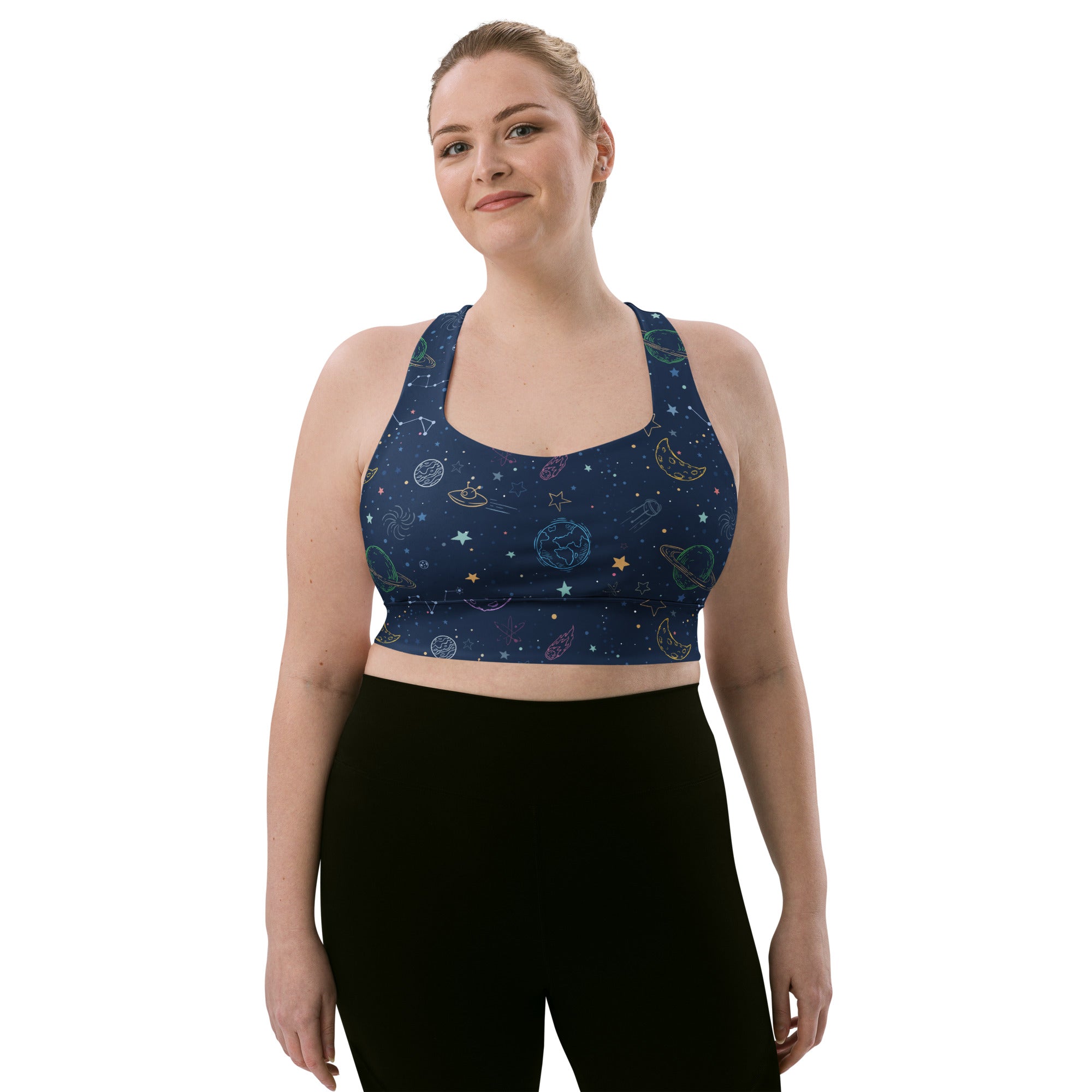 Women’s dark blue recycled space-themed sports bra with celestial patterns high intensity quick dry UPF 50 plus