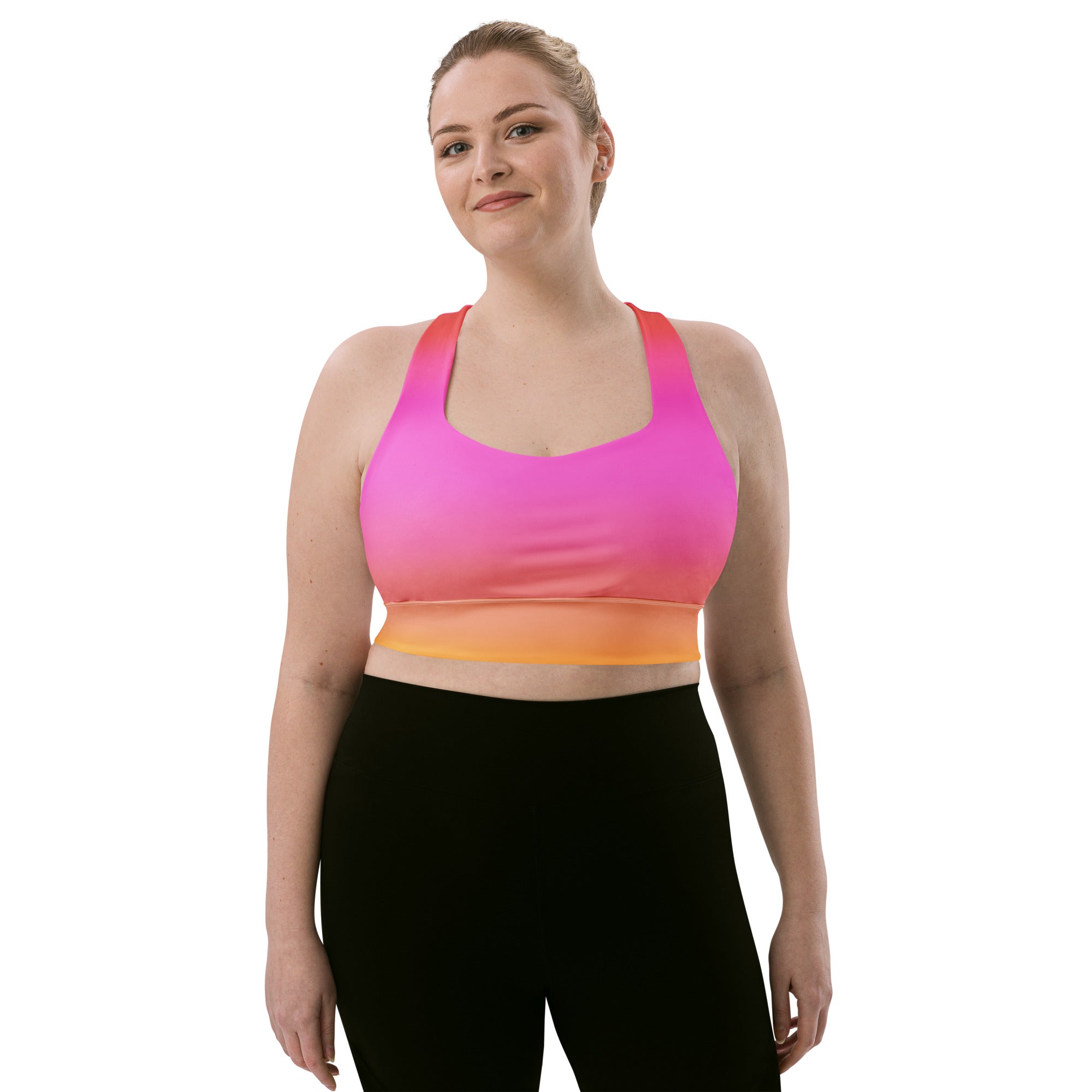 Women’s Sunset Ombre Buttery Soft Recycled Longline Sports Bra – High Intensity Support, Removable Padding, Quick Dry & UPF 50+