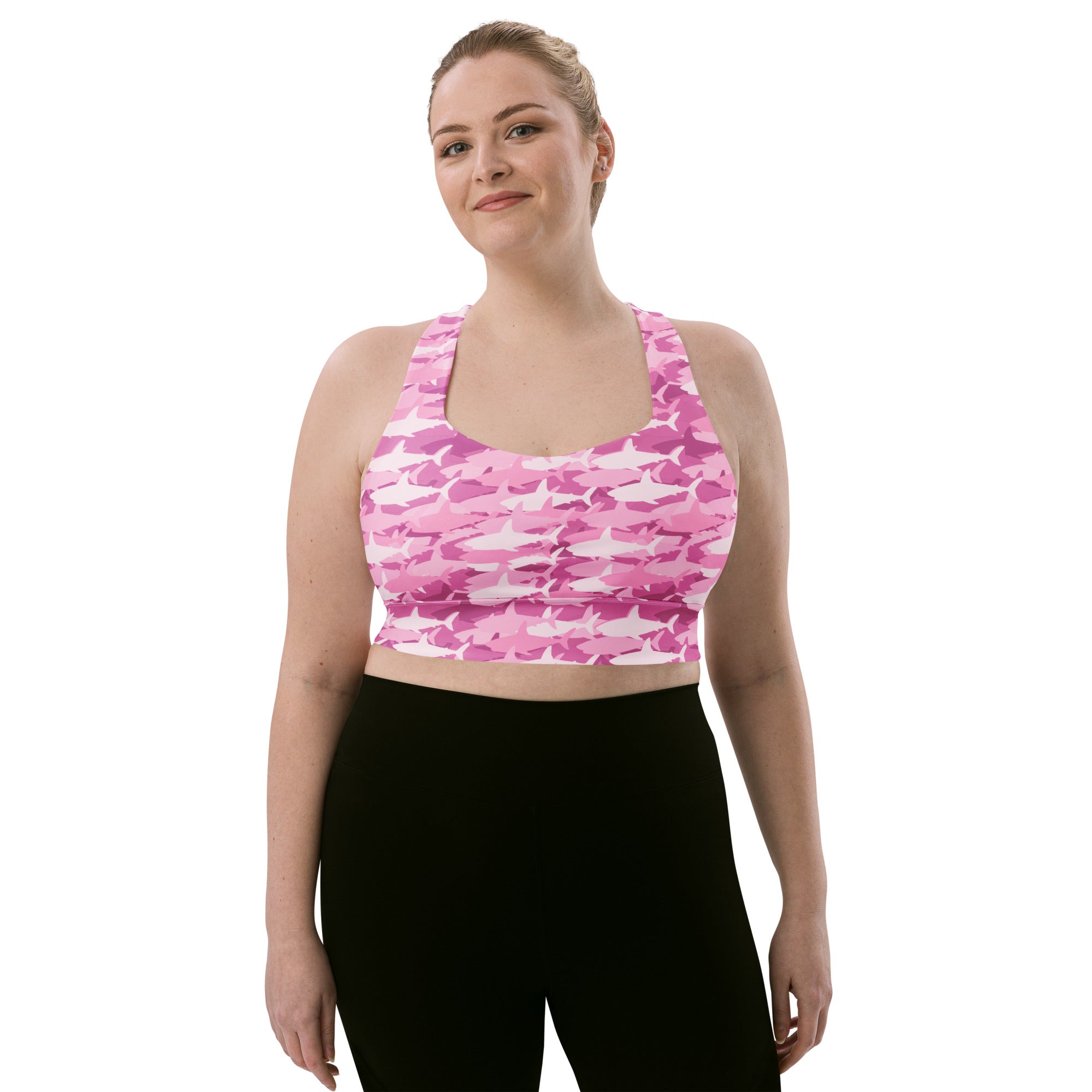 Women’s pink shark camo buttery soft recycled longline sports bra with high intensity support and quick dry fabric