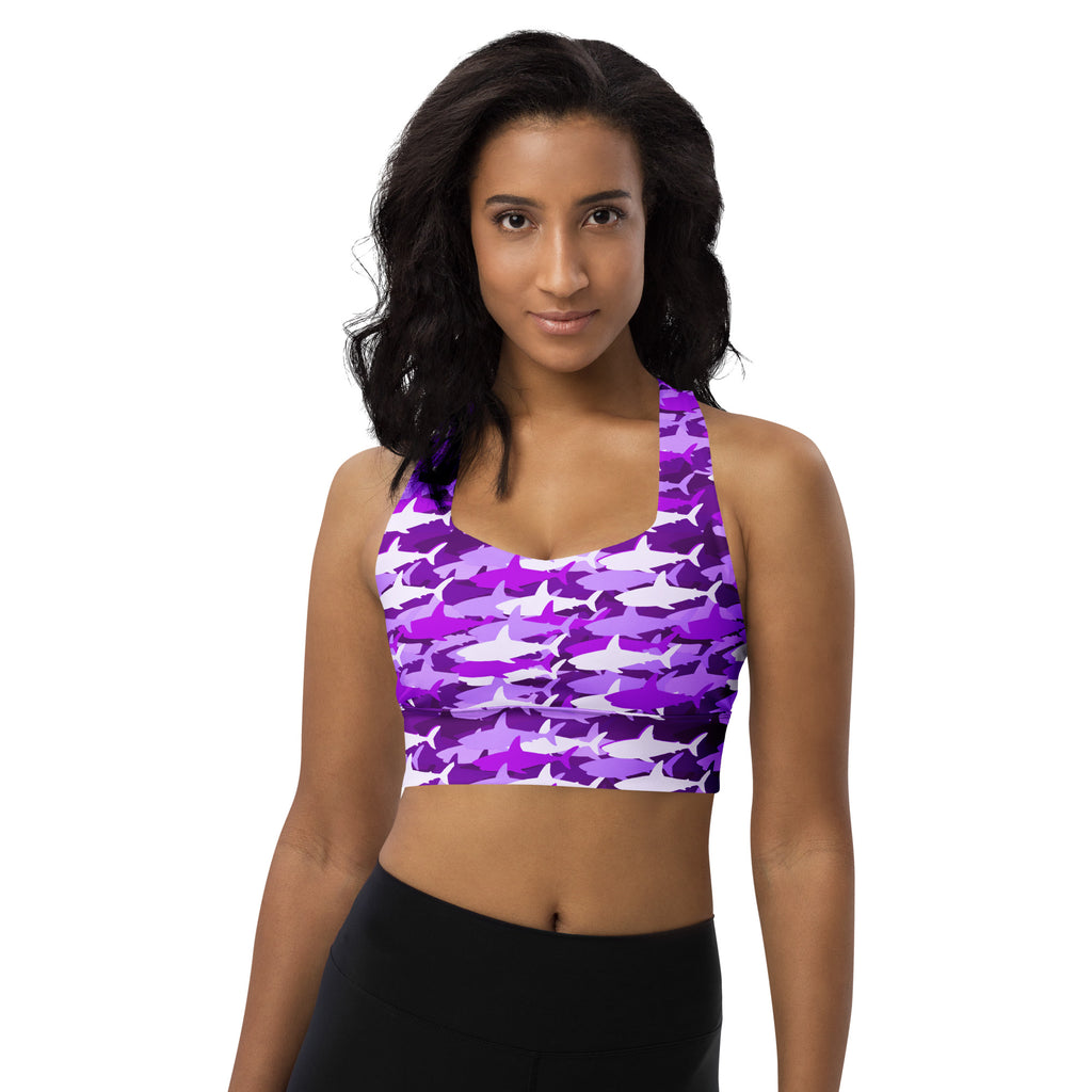 Women’s purple and white shark-patterned longline sports bra with buttery soft recycled fabric and high intensity support
