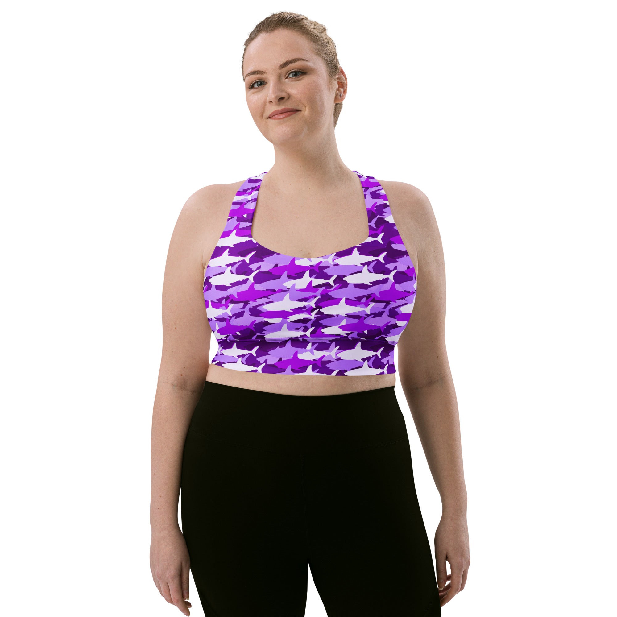 Women’s purple and white shark-patterned plus-size recycled longline sports bra with high intensity support and quick dry fabric