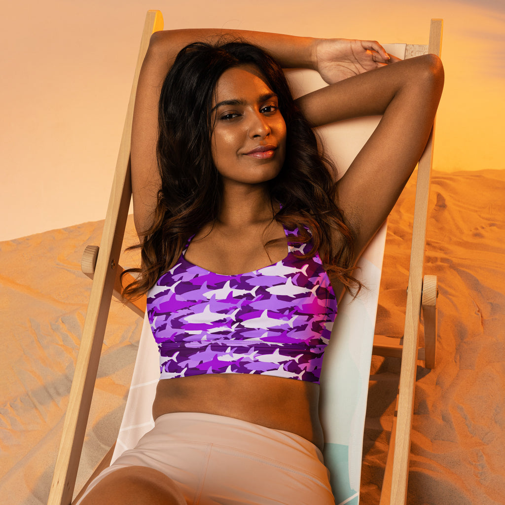 Women’s purple and white shark-patterned recycled longline sports bra with high intensity support and quick dry fabric