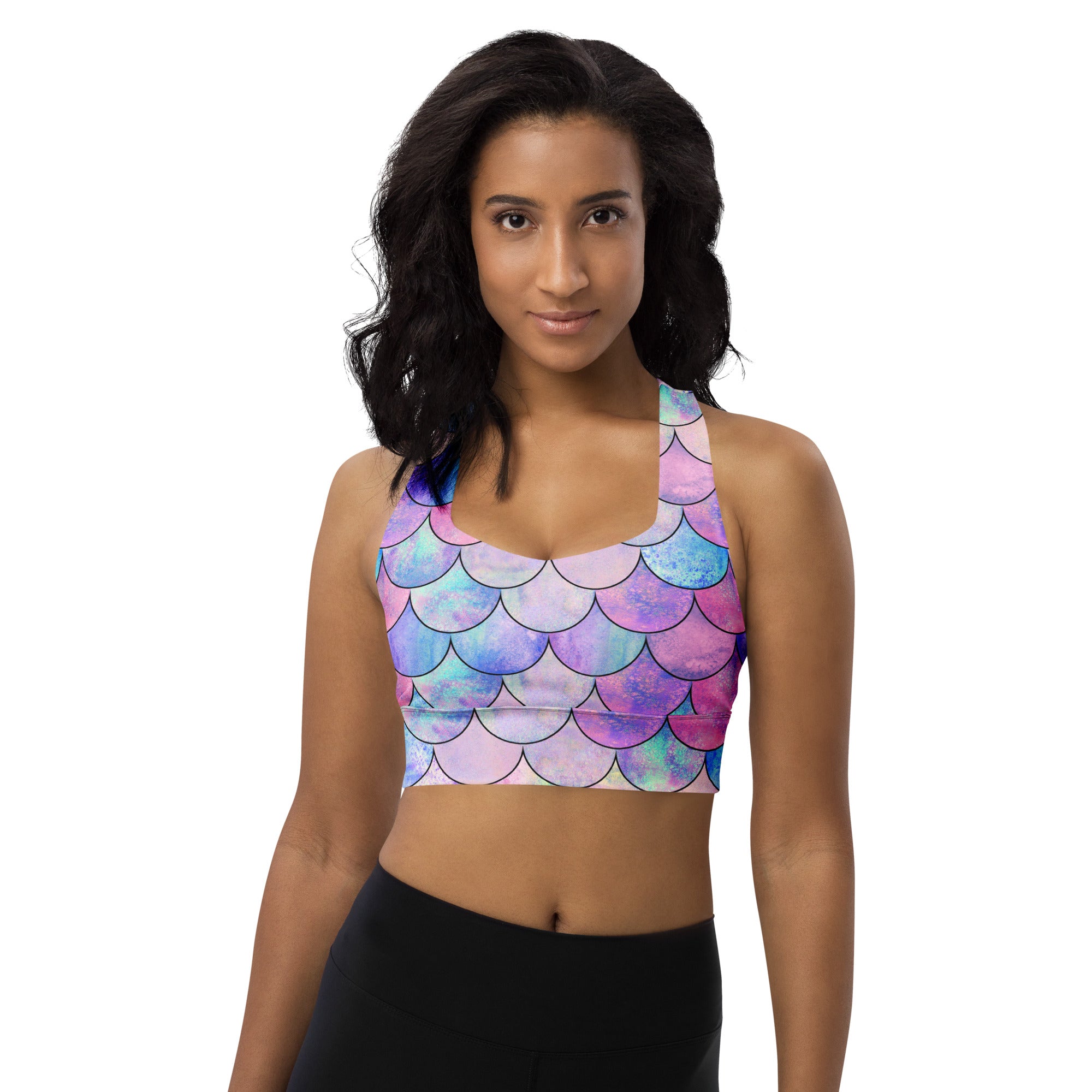 Women’s Pastel Mermaid Buttery Soft Recycled Longline Sports Bra – High Intensity Support, Removable Padding, Quick Dry & UPF 50+