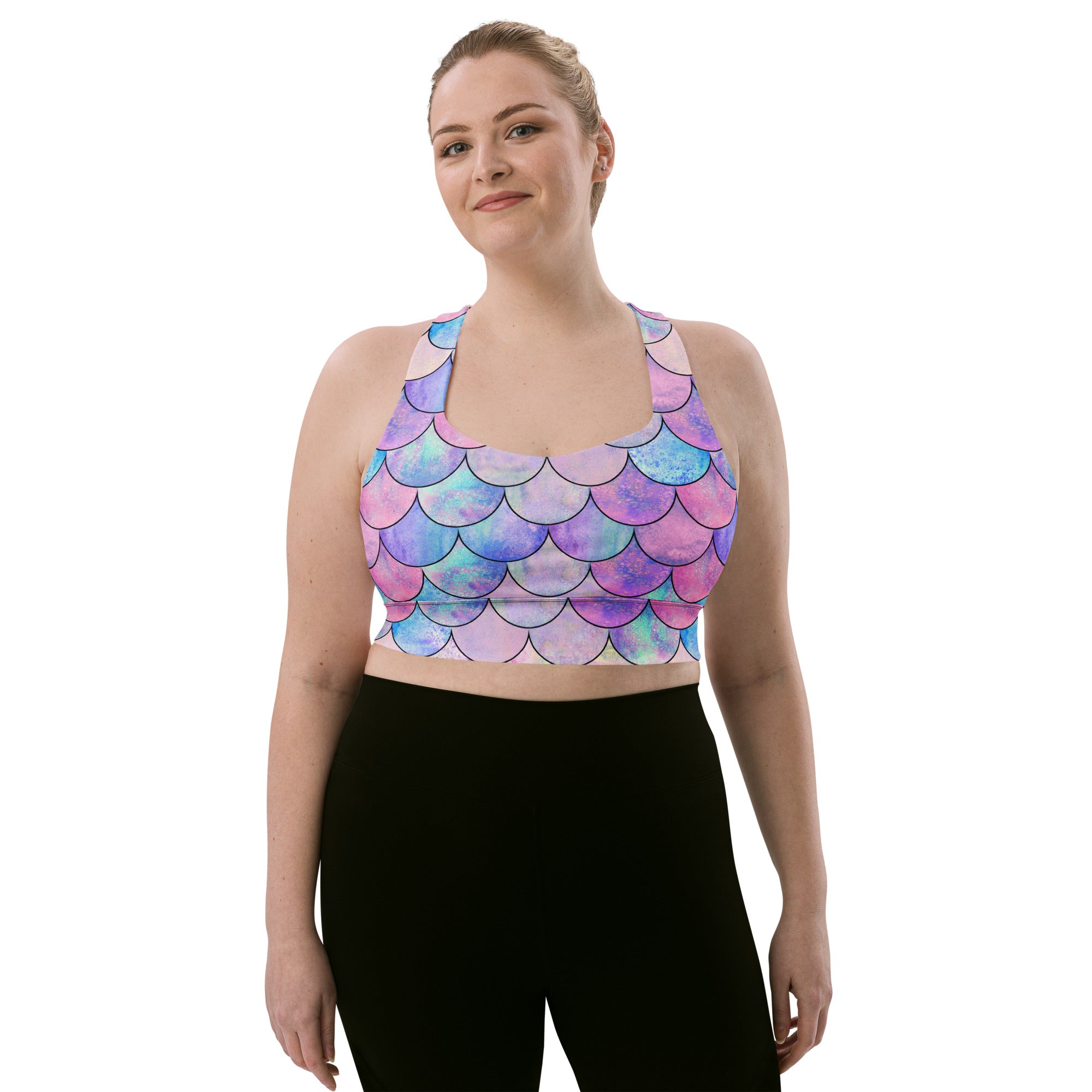 Women’s Pastel Mermaid Buttery Soft Recycled Longline Sports Bra – High Intensity Support, Removable Padding, Quick Dry & UPF 50+