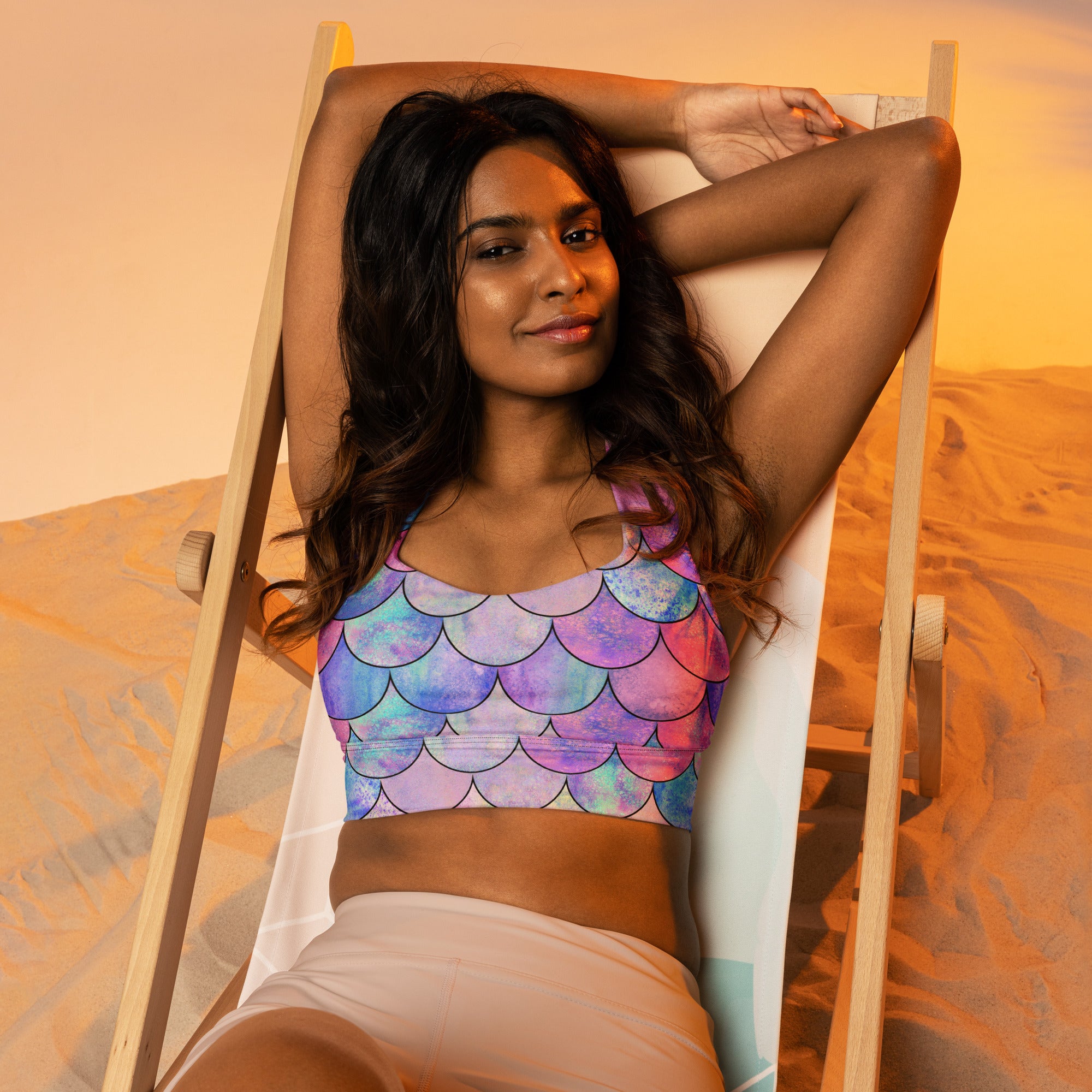 Women’s Pastel Mermaid Buttery Soft Recycled Longline Sports Bra – High Intensity Support, Removable Padding, Quick Dry & UPF 50+