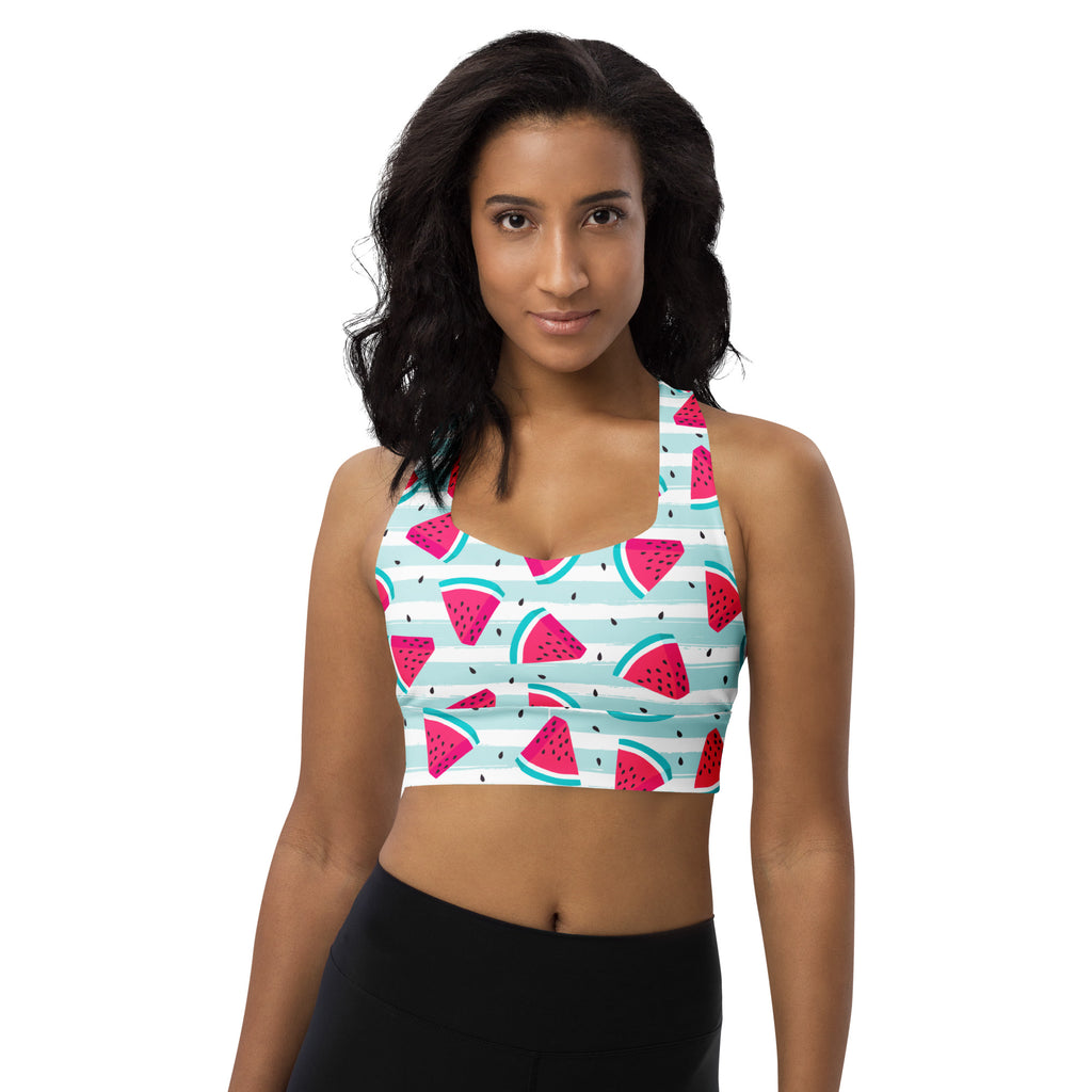 Women’s watermelon stripe buttery soft recycled longline sports bra with mint green and white stripes for high intensity support