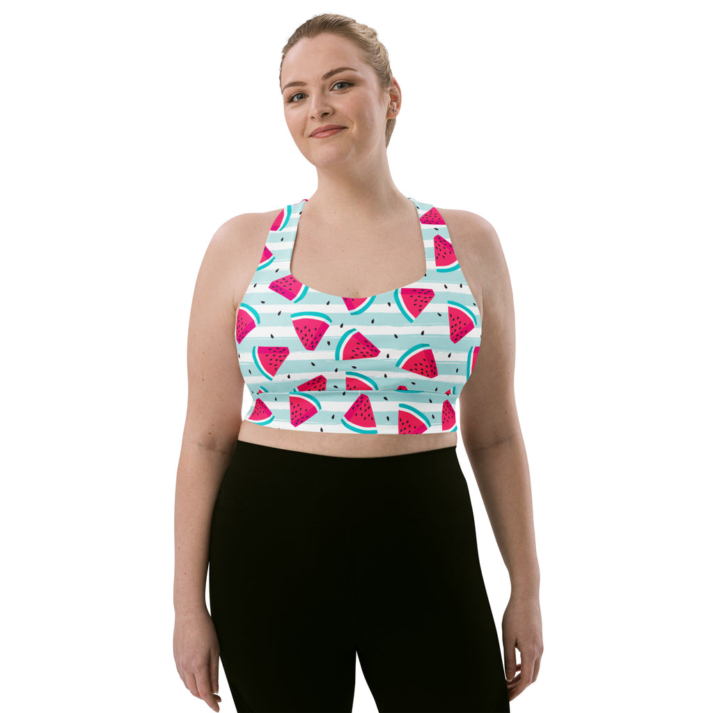 Women’s watermelon stripe buttery soft recycled longline sports bra with high intensity support and quick dry fabric