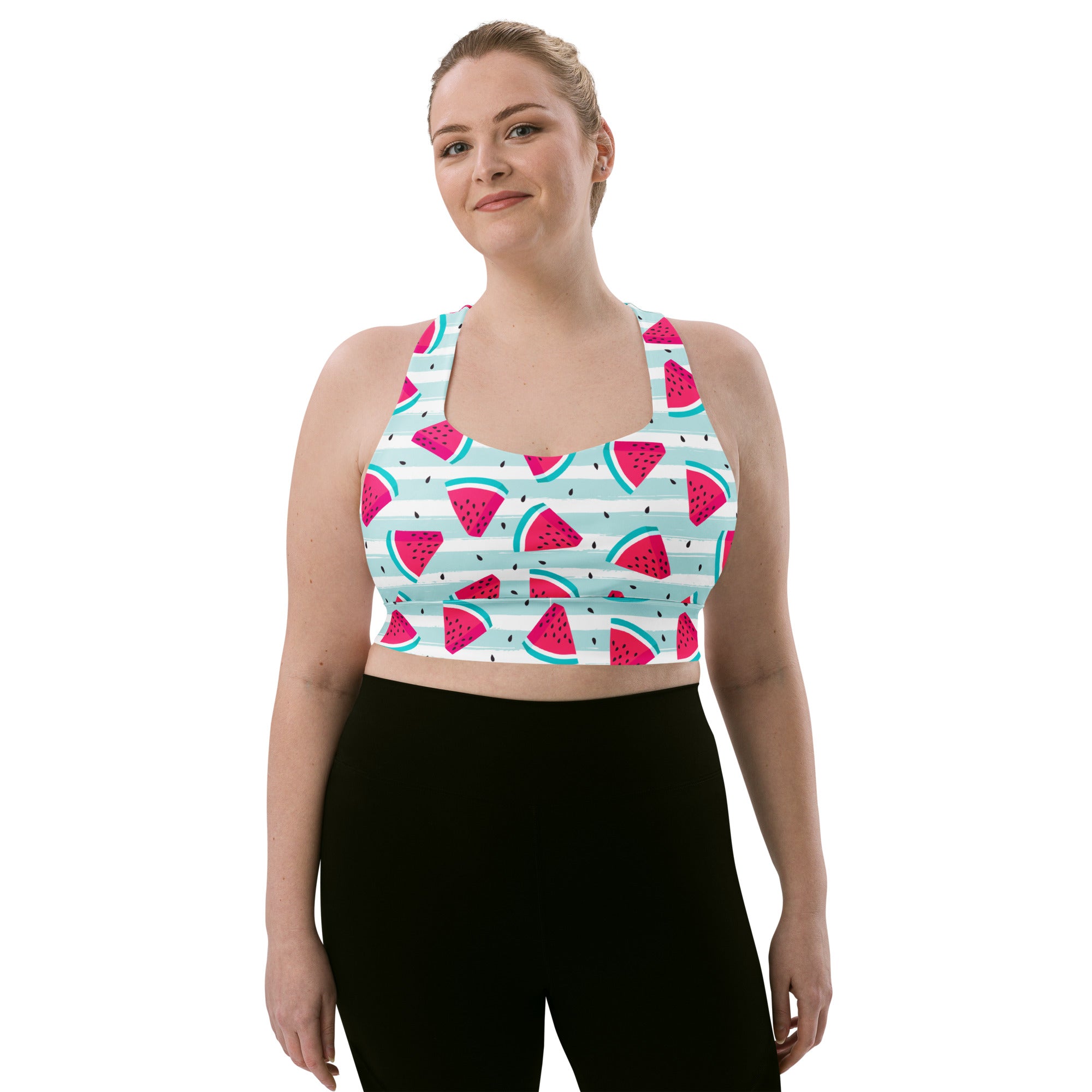 Women’s watermelon stripe buttery soft recycled longline sports bra with high intensity support and quick dry fabric