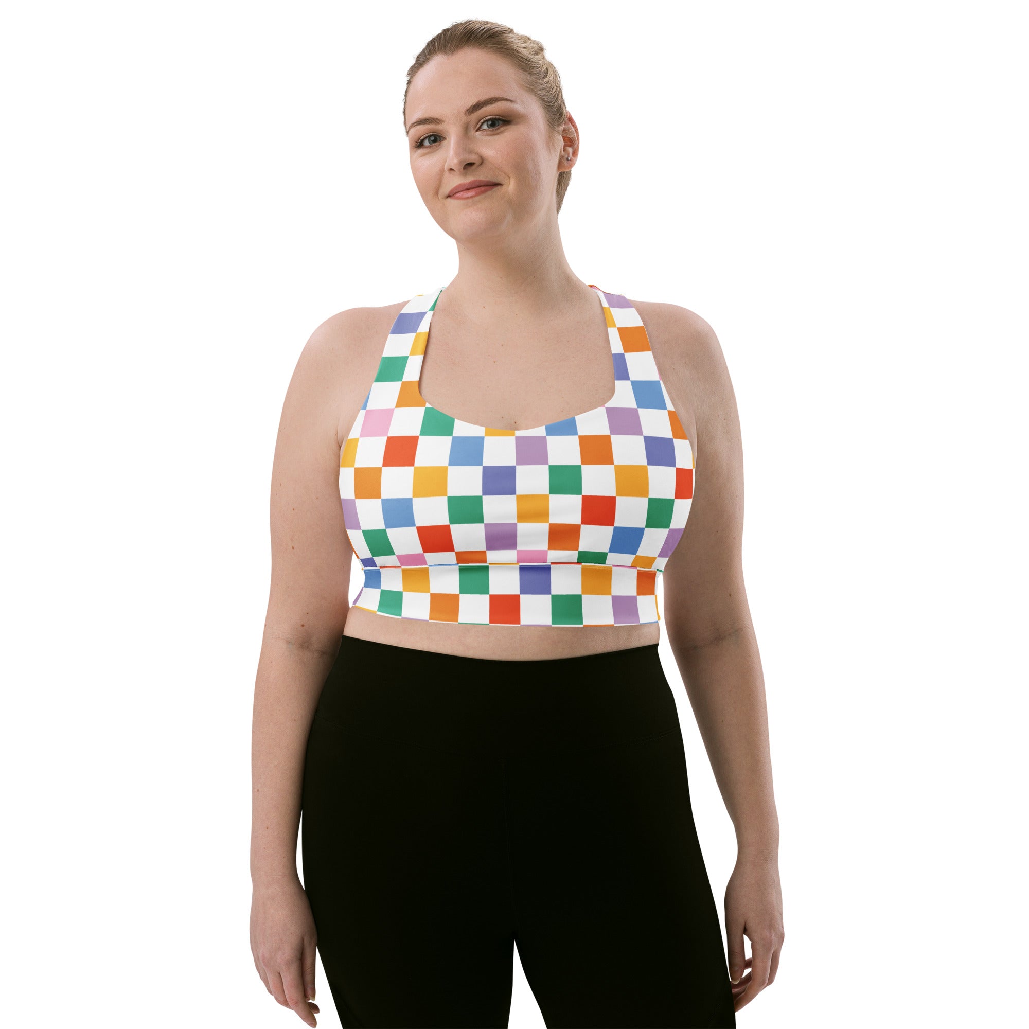 Women’s multicolor checker longline sports bra with vibrant rainbow squares white base buttery soft recycled fabric