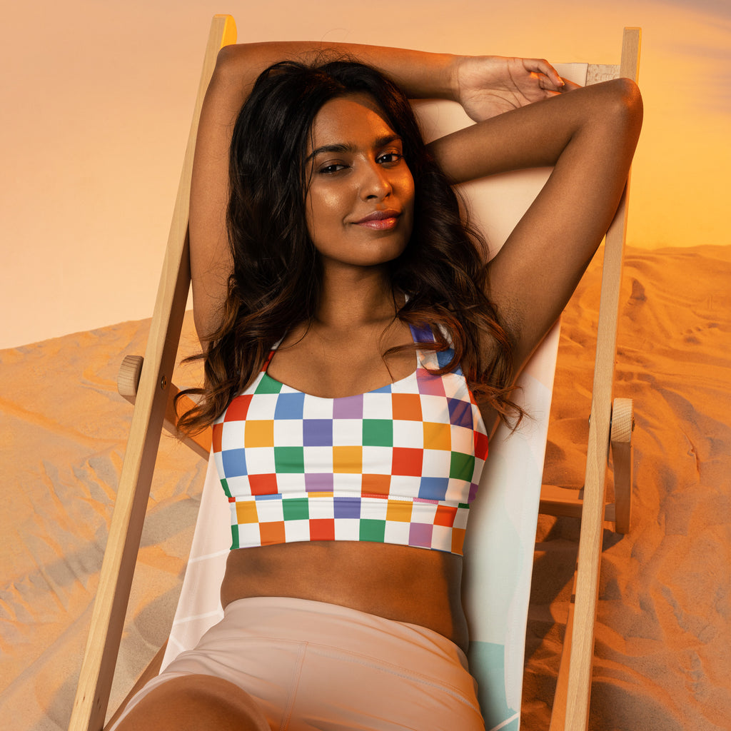 Women’s multicolor checker buttery soft recycled longline sports bra with vibrant rainbow crop top and adjustable halter straps