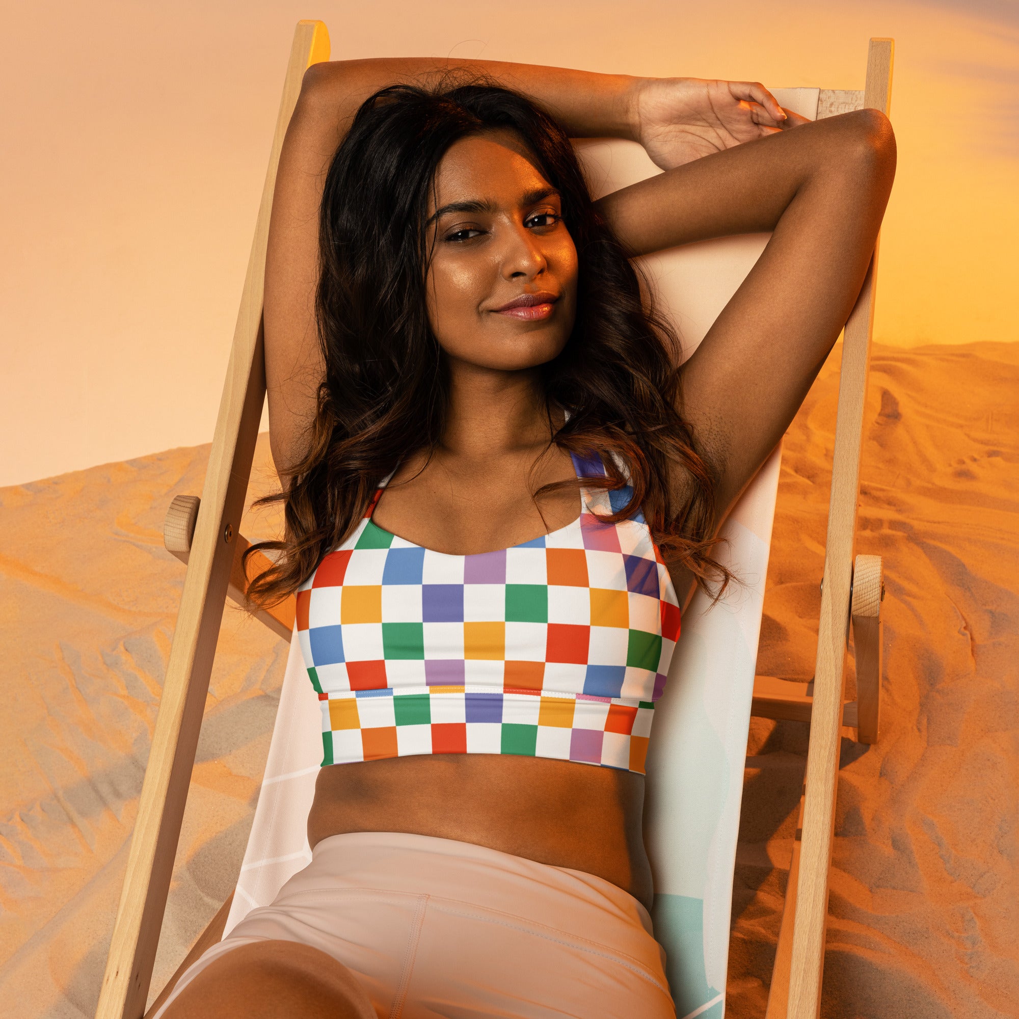 Women’s multicolor checker buttery soft recycled longline sports bra with vibrant rainbow crop top and adjustable halter straps