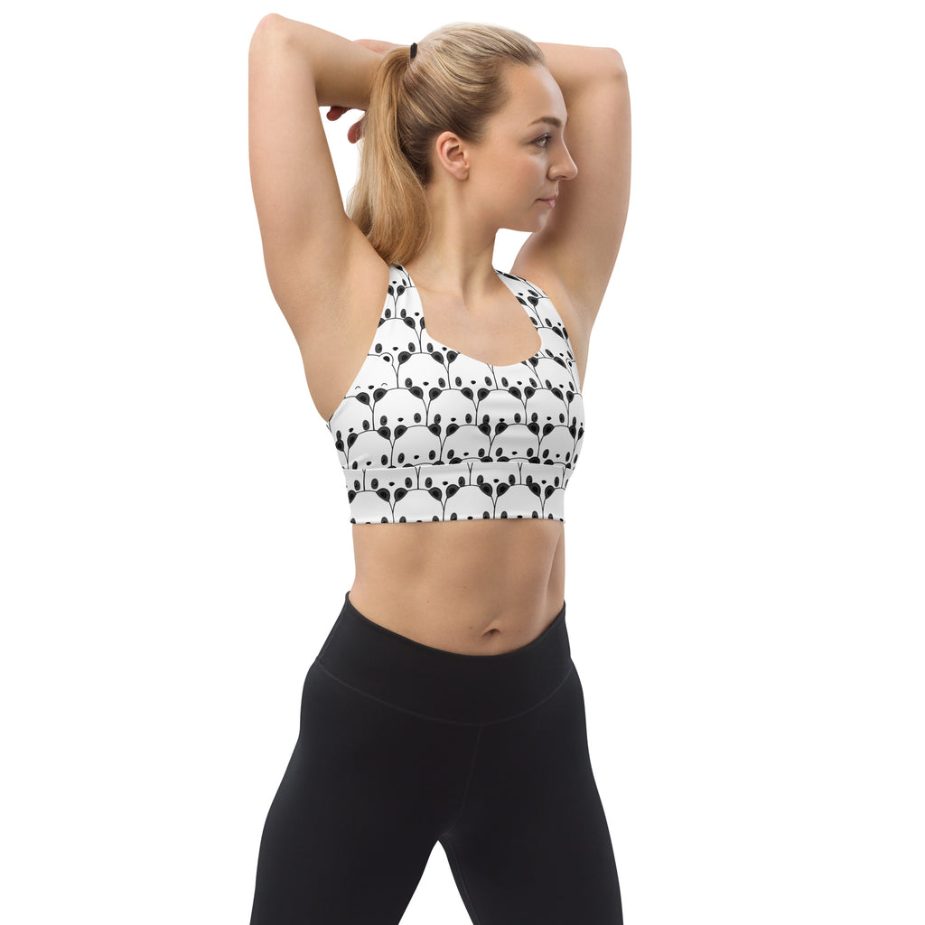 White longline sports bra with black panda face pattern made from buttery soft recycled fabric for high intensity support