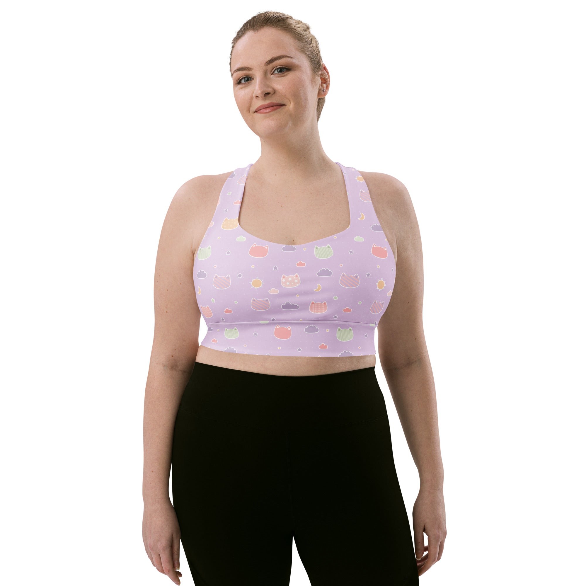 Pastel lavender longline sports bra with kawaii colorful cartoon cat faces and shapes made from buttery soft recycled fabric