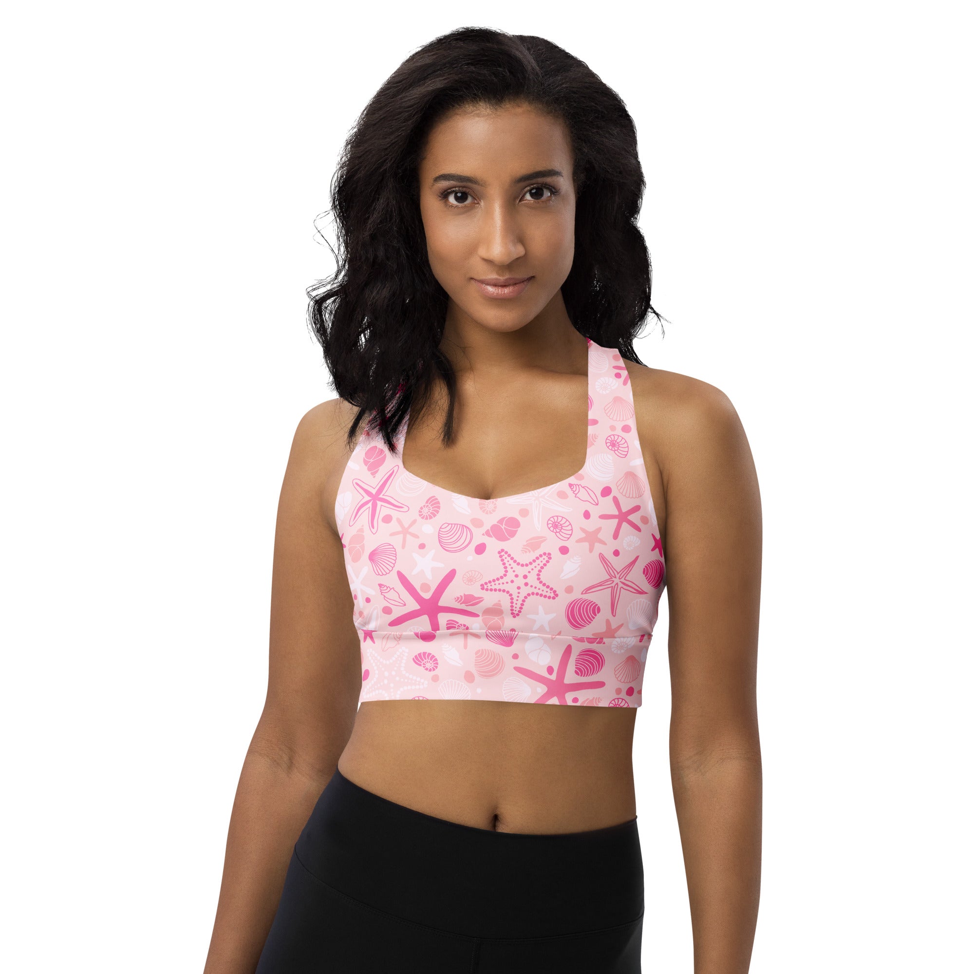 Women’s pink starfish and seashell patterned buttery soft recycled longline sports bra with high intensity support