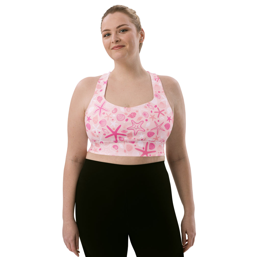 Women’s pink starfish and fuchsia shells buttery soft recycled longline sports bra with high intensity support