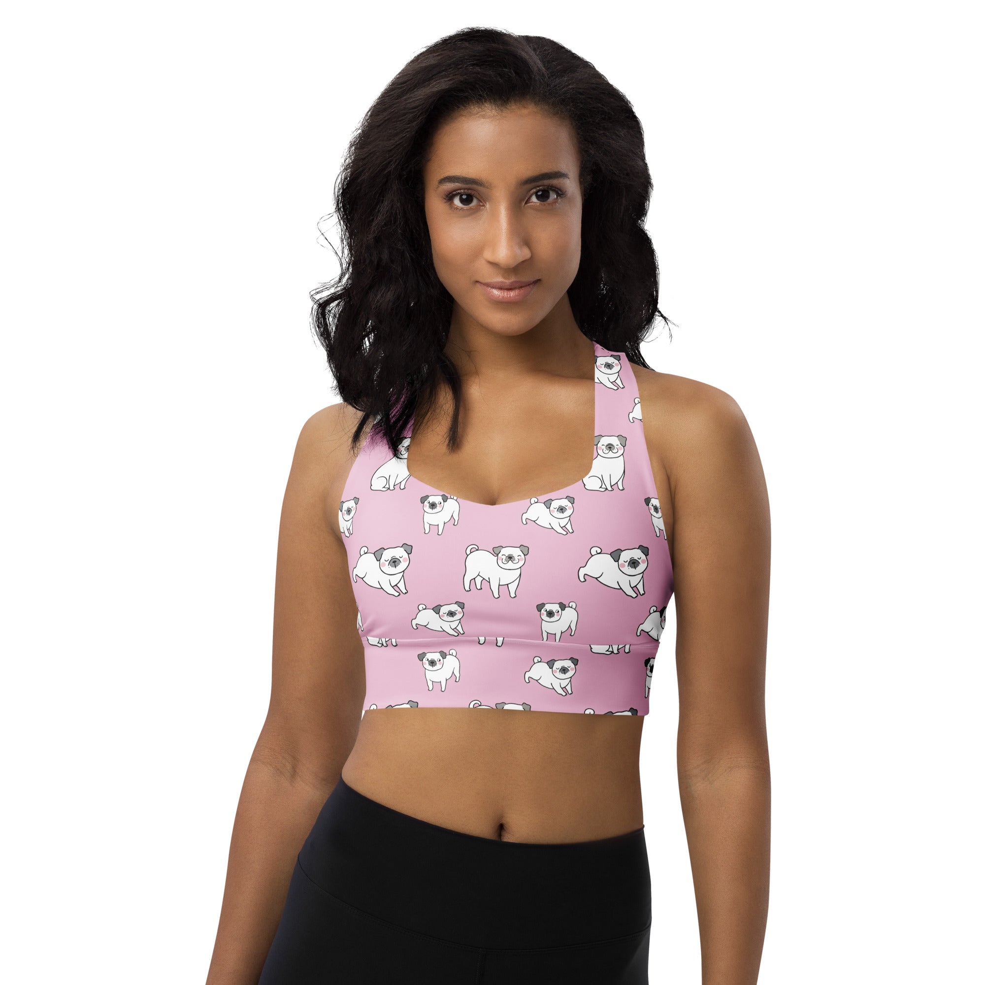 Women’s pink pug longline sports bra with white pug pattern buttery soft recycled fabric high intensity support