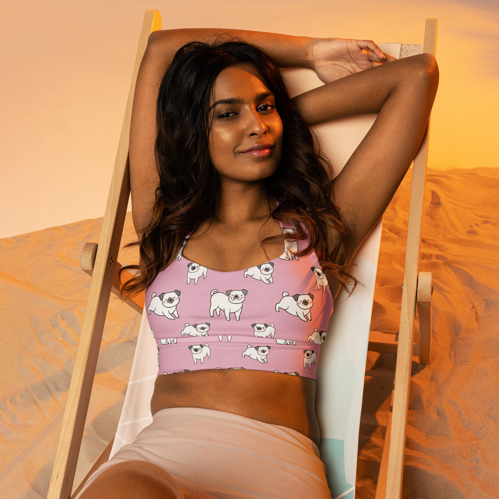 Women’s pink pug-print buttery soft recycled longline sports bra with high intensity support and quick dry fabric
