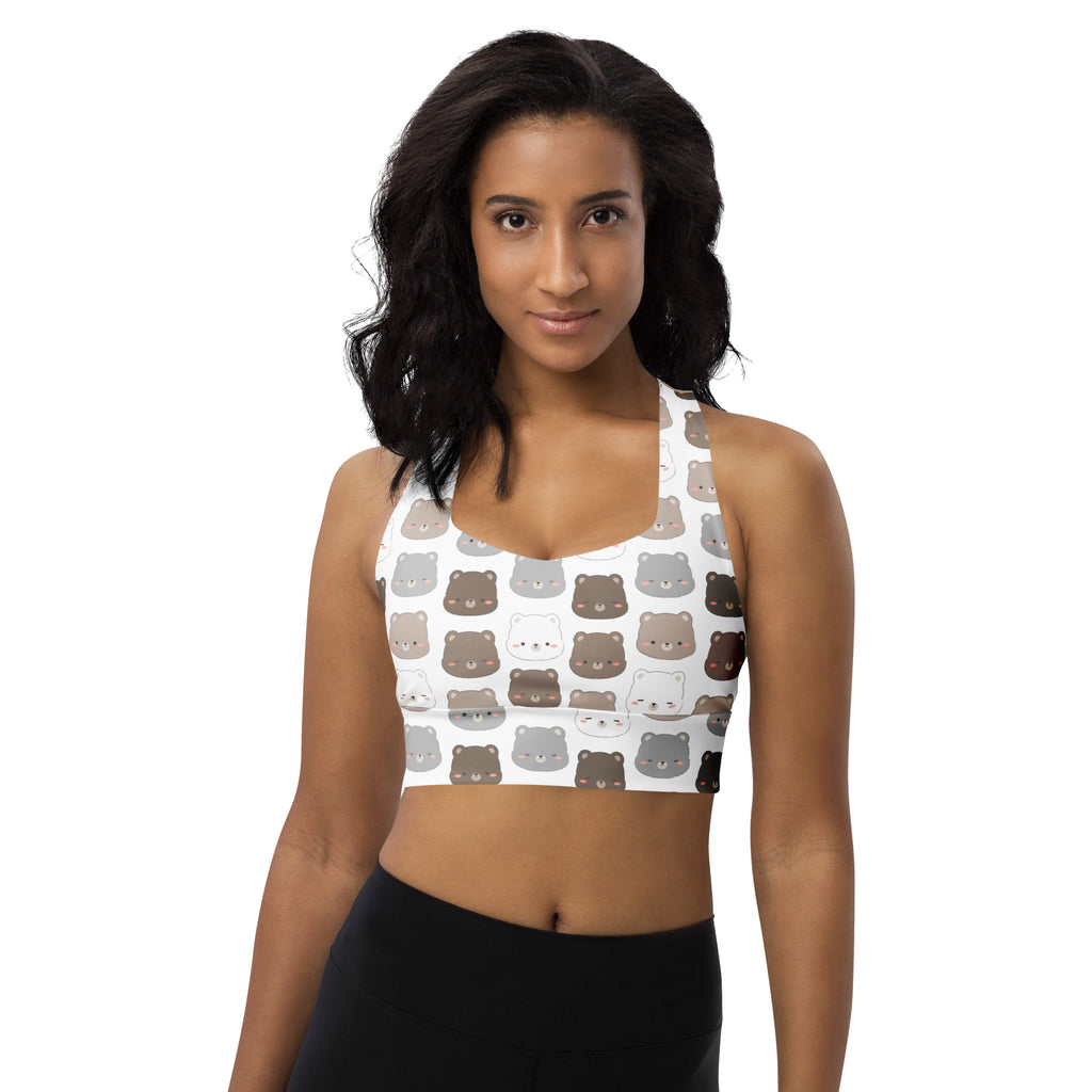 White recycled longline sports bra with playful brown gray and black bear face print high intensity support