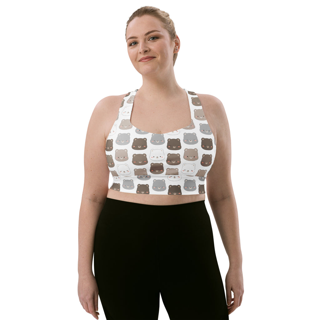 Women’s white longline sports bra with buttery soft recycled fabric and playful brown gray bear face print