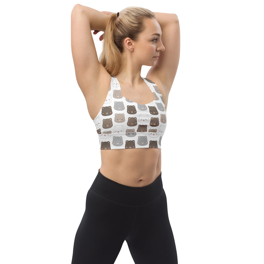 White longline sports bra with cute gray and brown bear face print made of buttery soft recycled fabric with high support