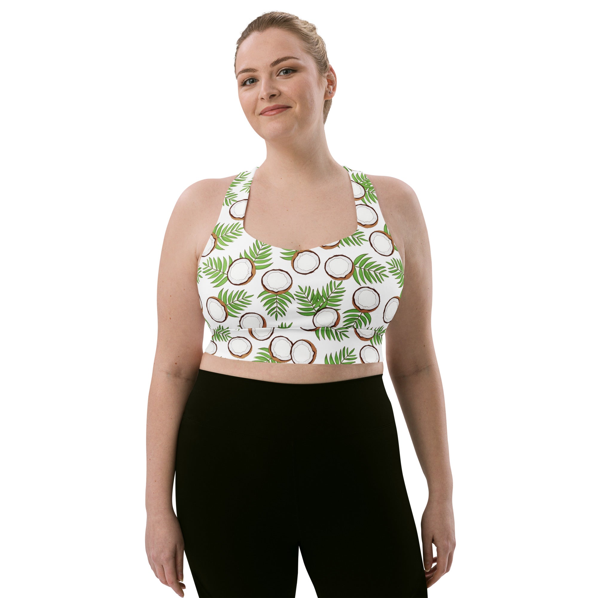 Women’s white longline sports bra with tropical coconut and green leaf print buttery soft recycled fabric
