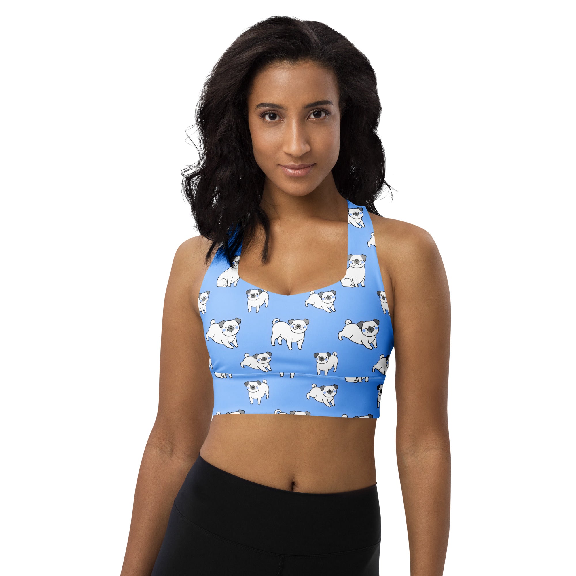 Light blue longline sports bra with white pug pattern buttery soft recycled fabric high intensity support