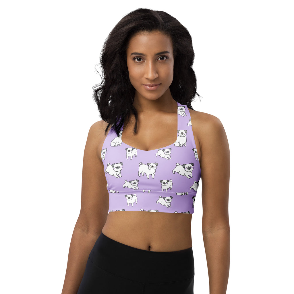 Women’s purple longline sports bra with playful white pug pattern buttery soft recycled fabric high intensity support