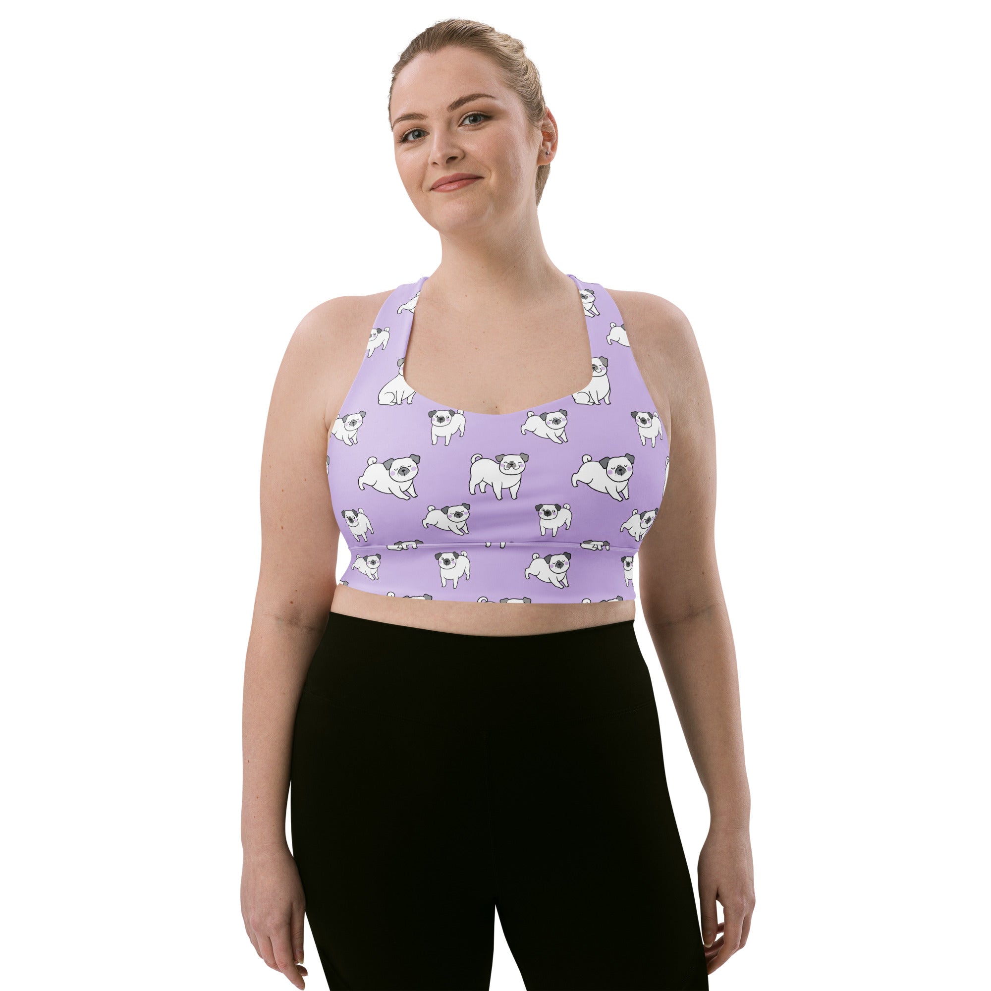Women’s purple pug longline sports bra with high intensity support and quick dry buttery soft recycled fabric